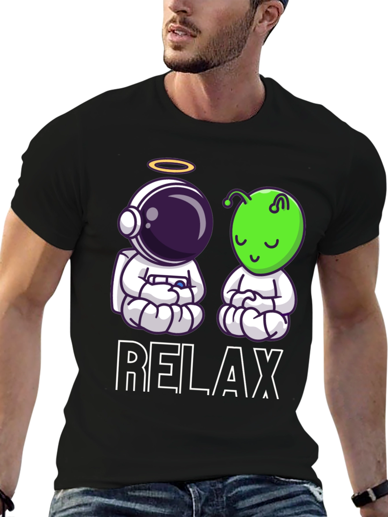 Relax Astronaut & Alien Zen Black T-Shirt