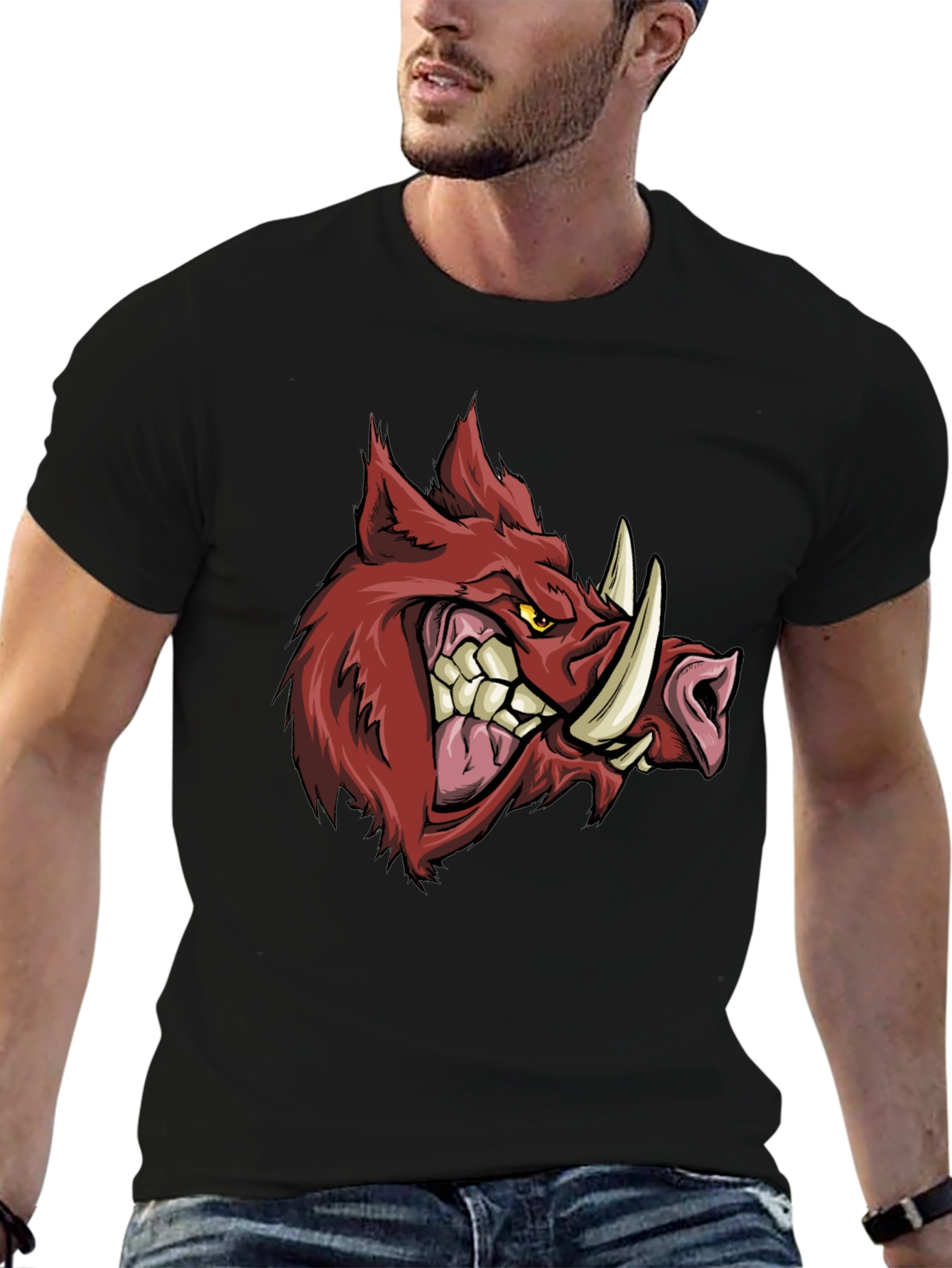 Mens Black T-Shirt with Fierce Boar Graphic