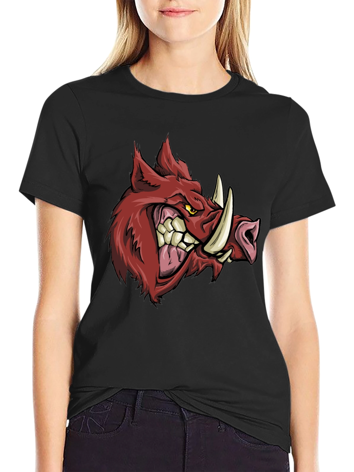 Mens Black T-Shirt with Fierce Boar Graphic