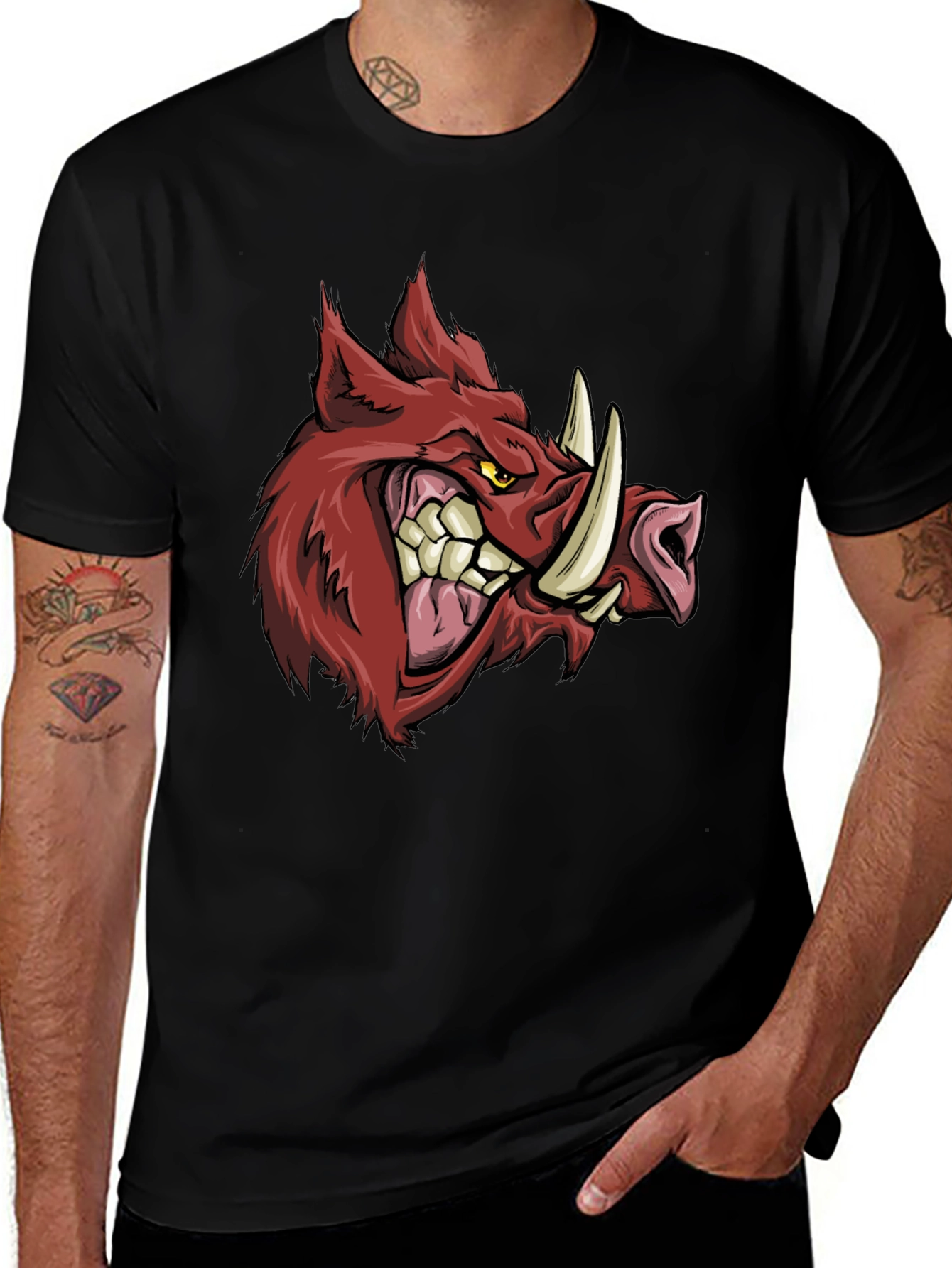 Mens Black T-Shirt with Fierce Boar Graphic