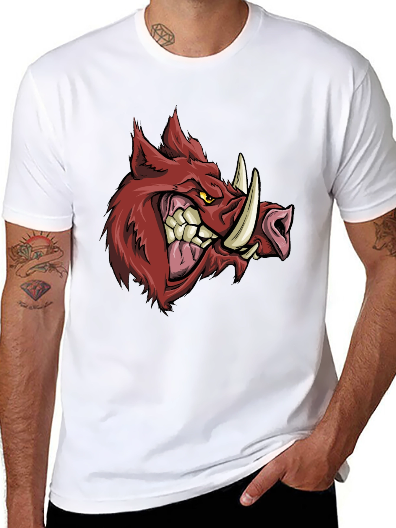 Mens Black T-Shirt with Fierce Boar Graphic