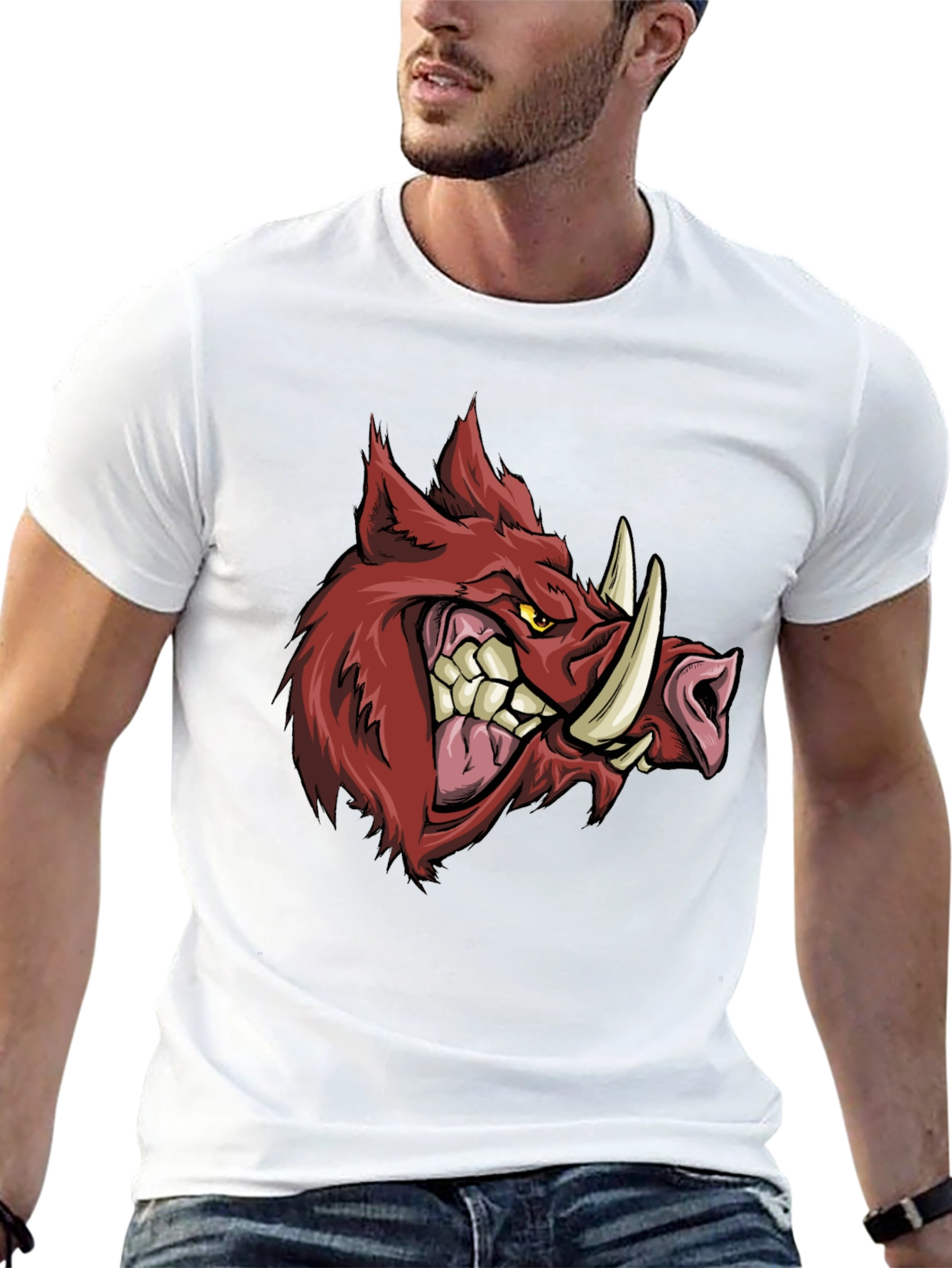 Mens Black T-Shirt with Fierce Boar Graphic