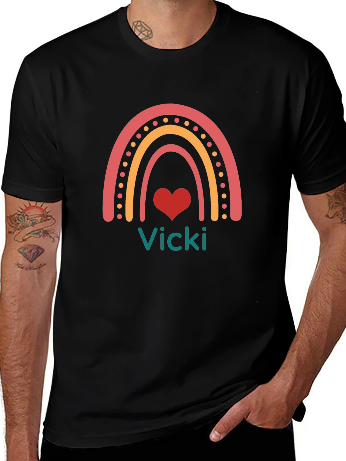 Vicki Rainbow Heart Personalized Black T-Shirt