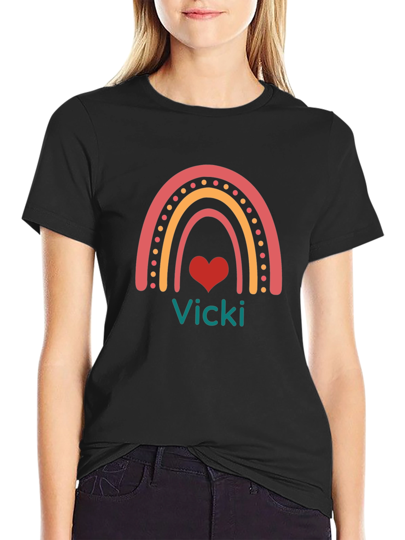Vicki Rainbow Heart Personalized Black T-Shirt