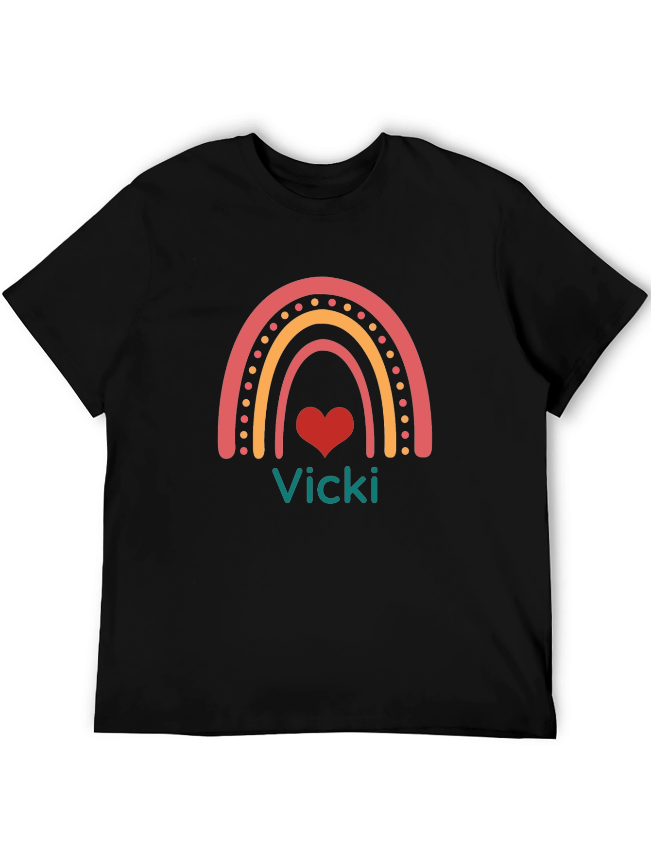 Vicki Rainbow Heart Personalized Black T-Shirt
