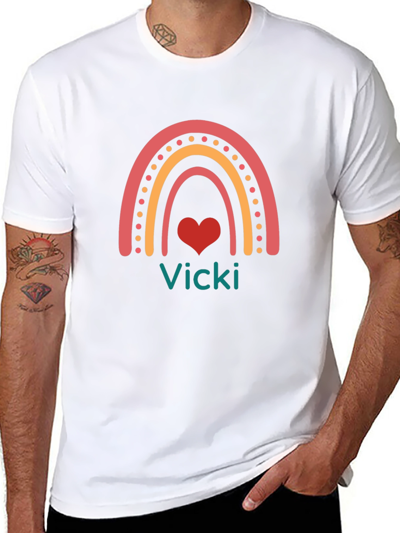 Vicki Rainbow Heart Personalized Black T-Shirt