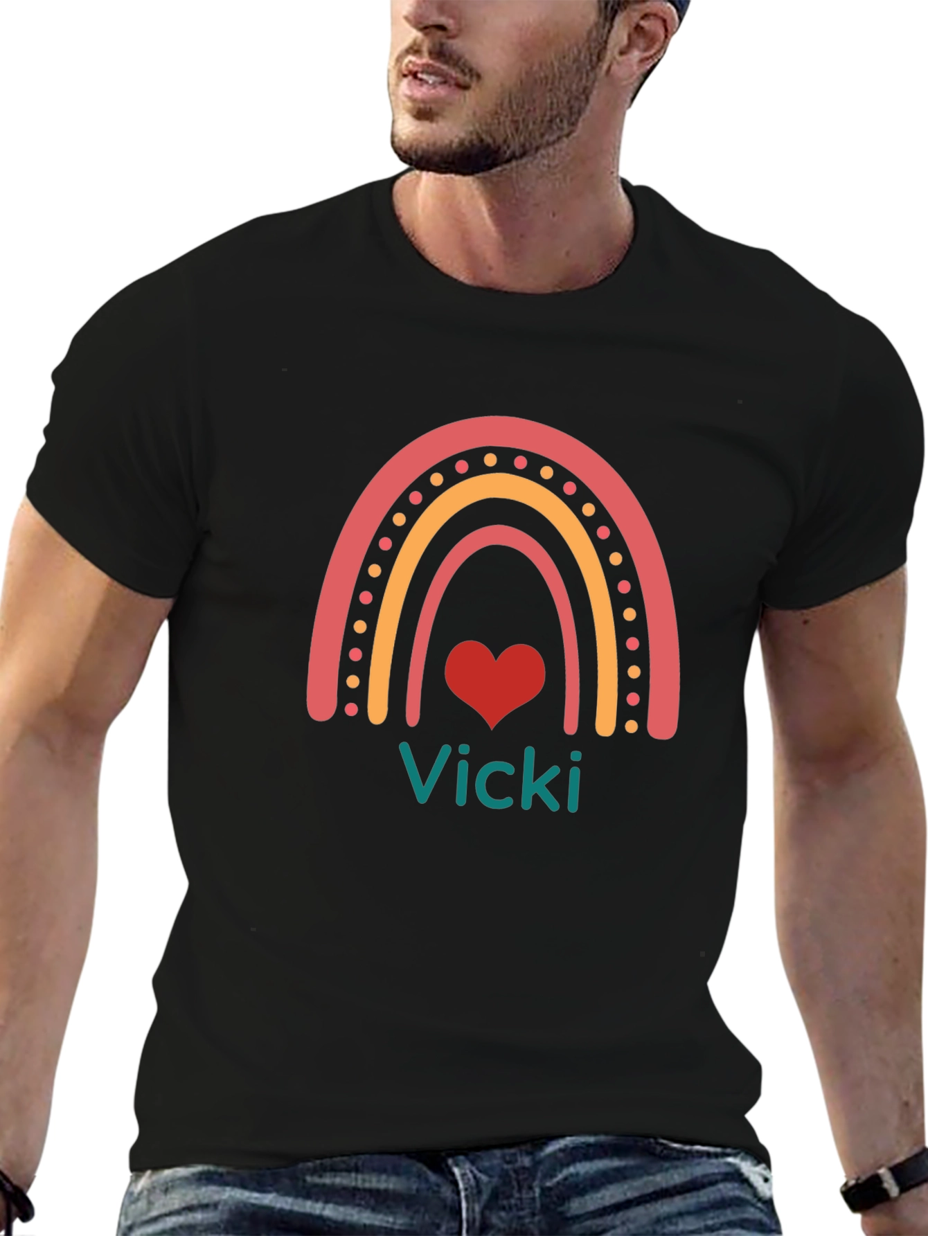Vicki Rainbow Heart Personalized Black T-Shirt
