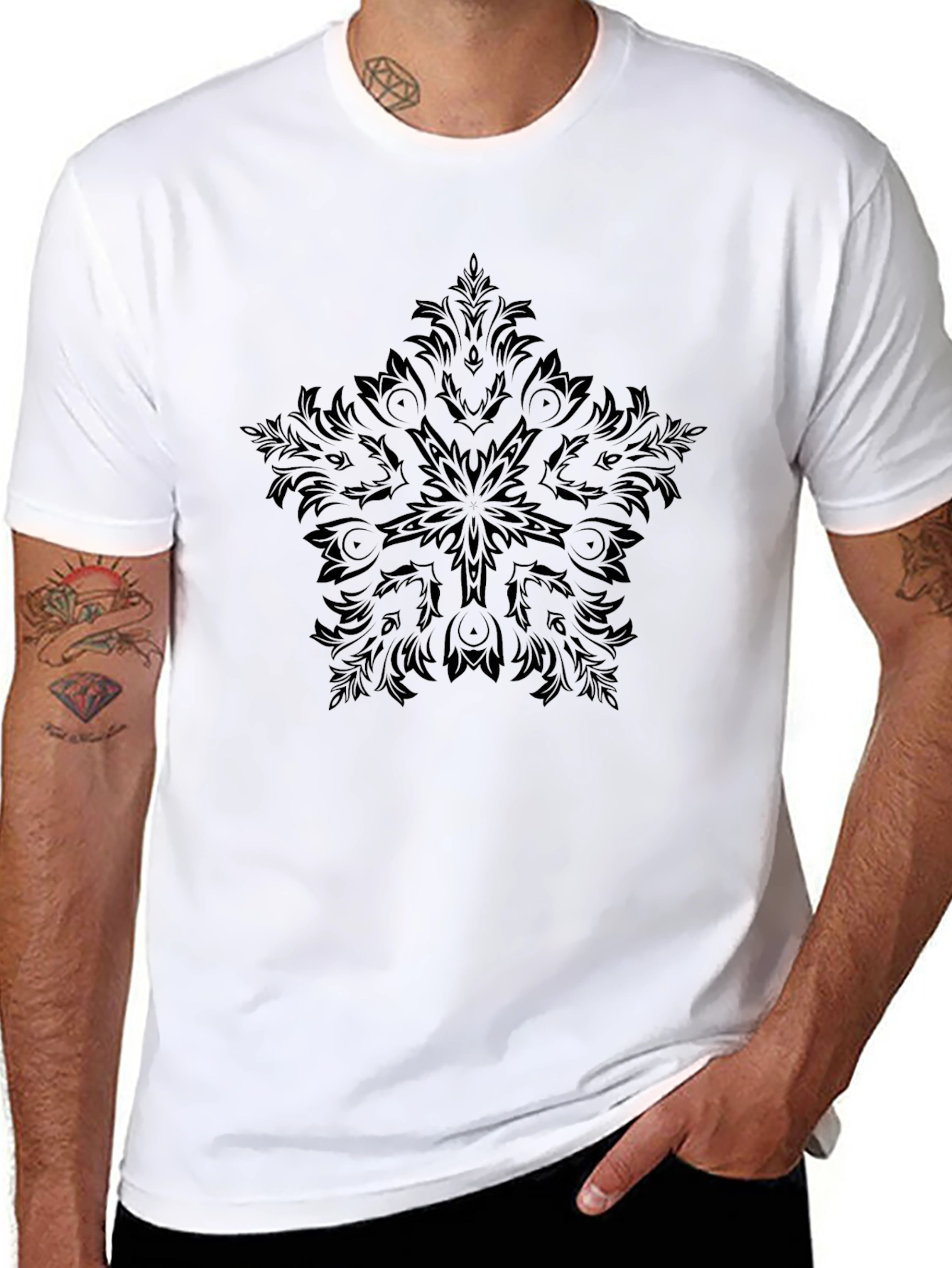 Black T-Shirt with Ornamental Star Design
