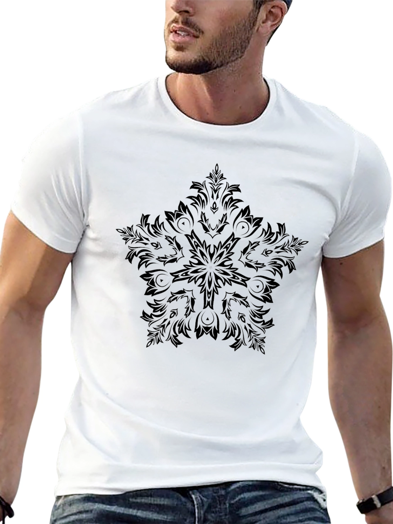Black T-Shirt with Ornamental Star Design