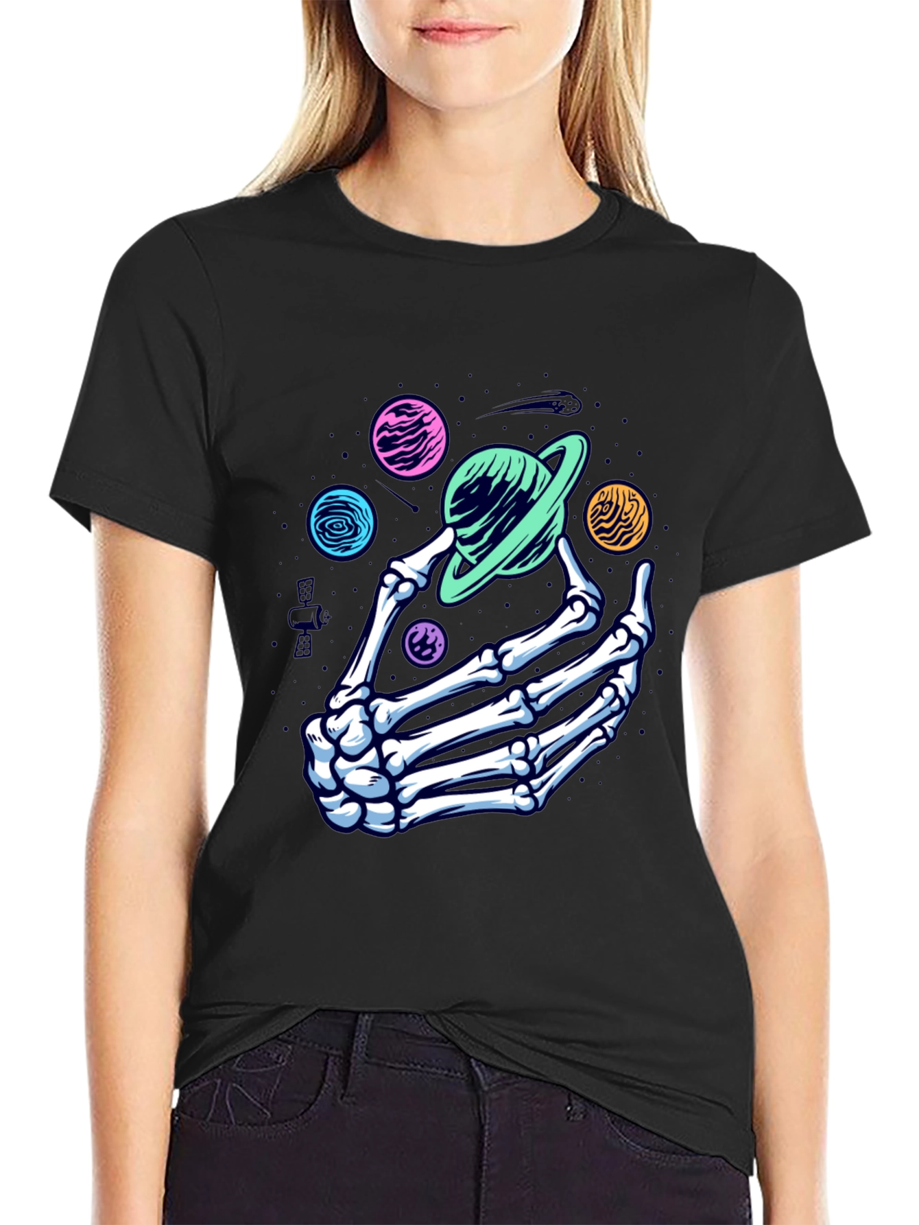 Skeleton Hand Planets Graphic T-Shirt