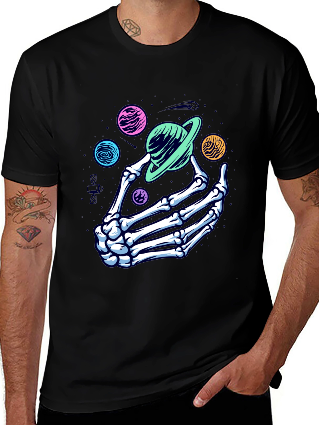 Skeleton Hand Planets Graphic T-Shirt