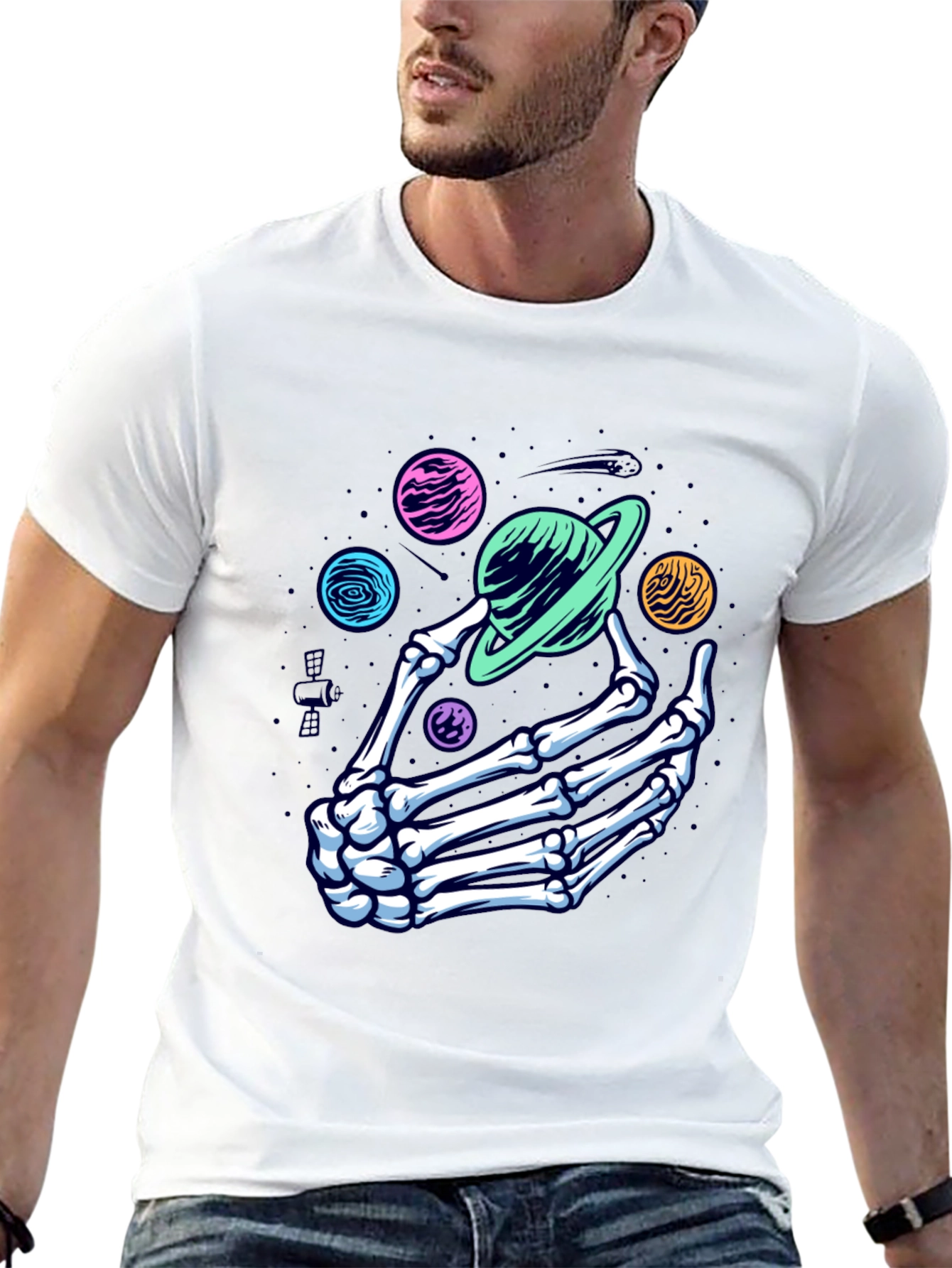 Skeleton Hand Planets Graphic T-Shirt