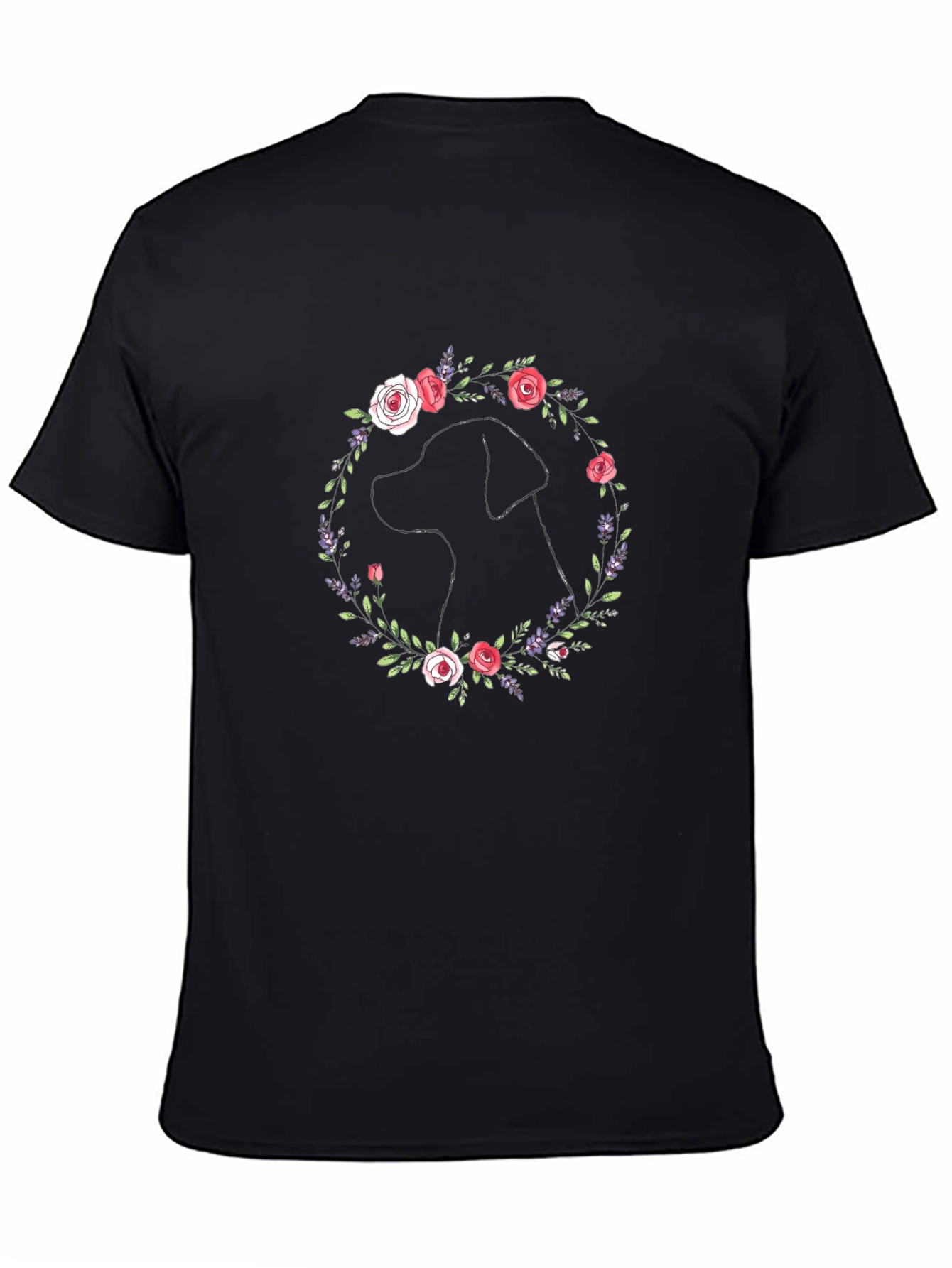 Dog Silhouette Floral Wreath Graphic T-Shirt