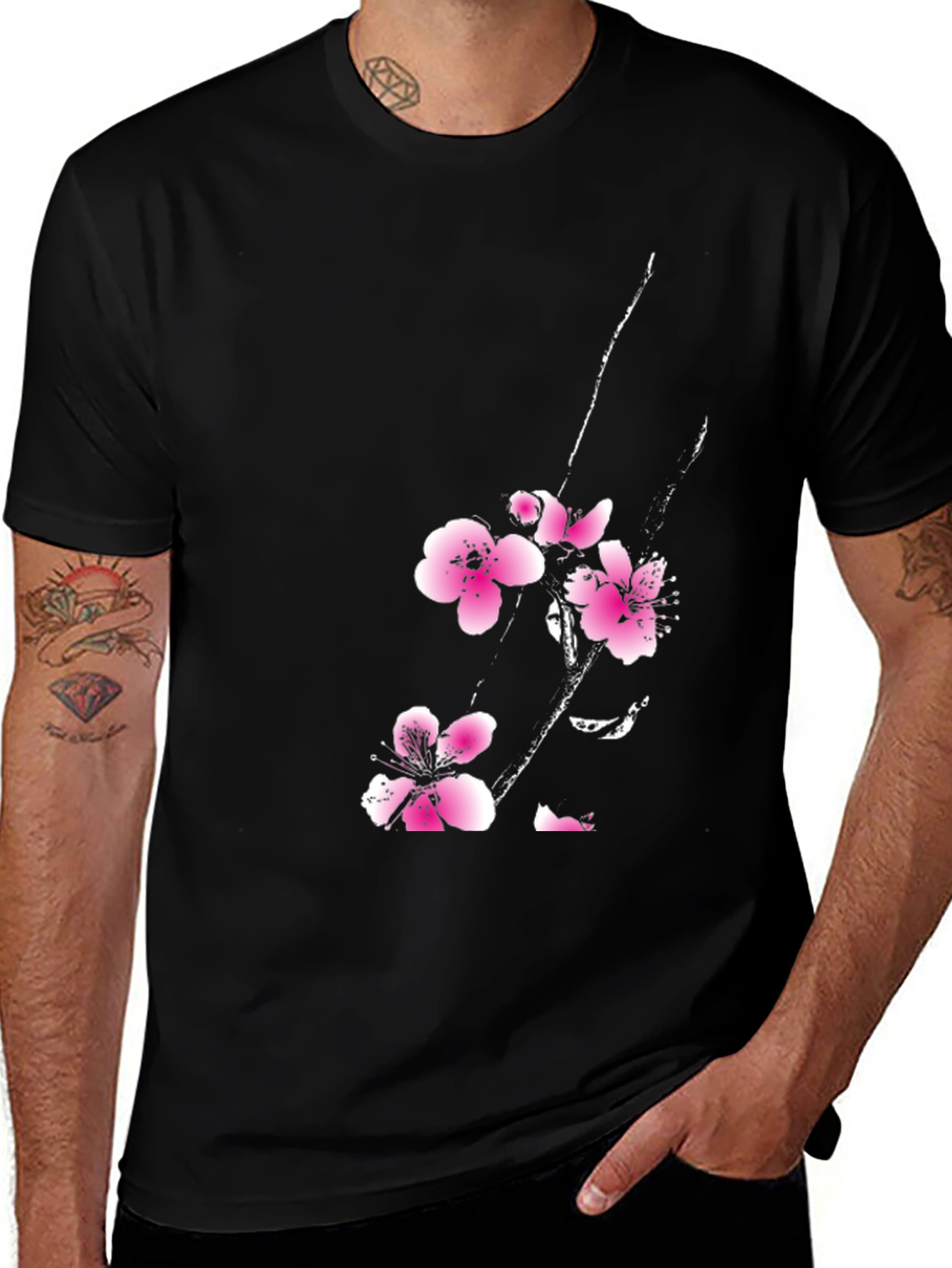 Black T-Shirt with Floral Cherry Blossom Design