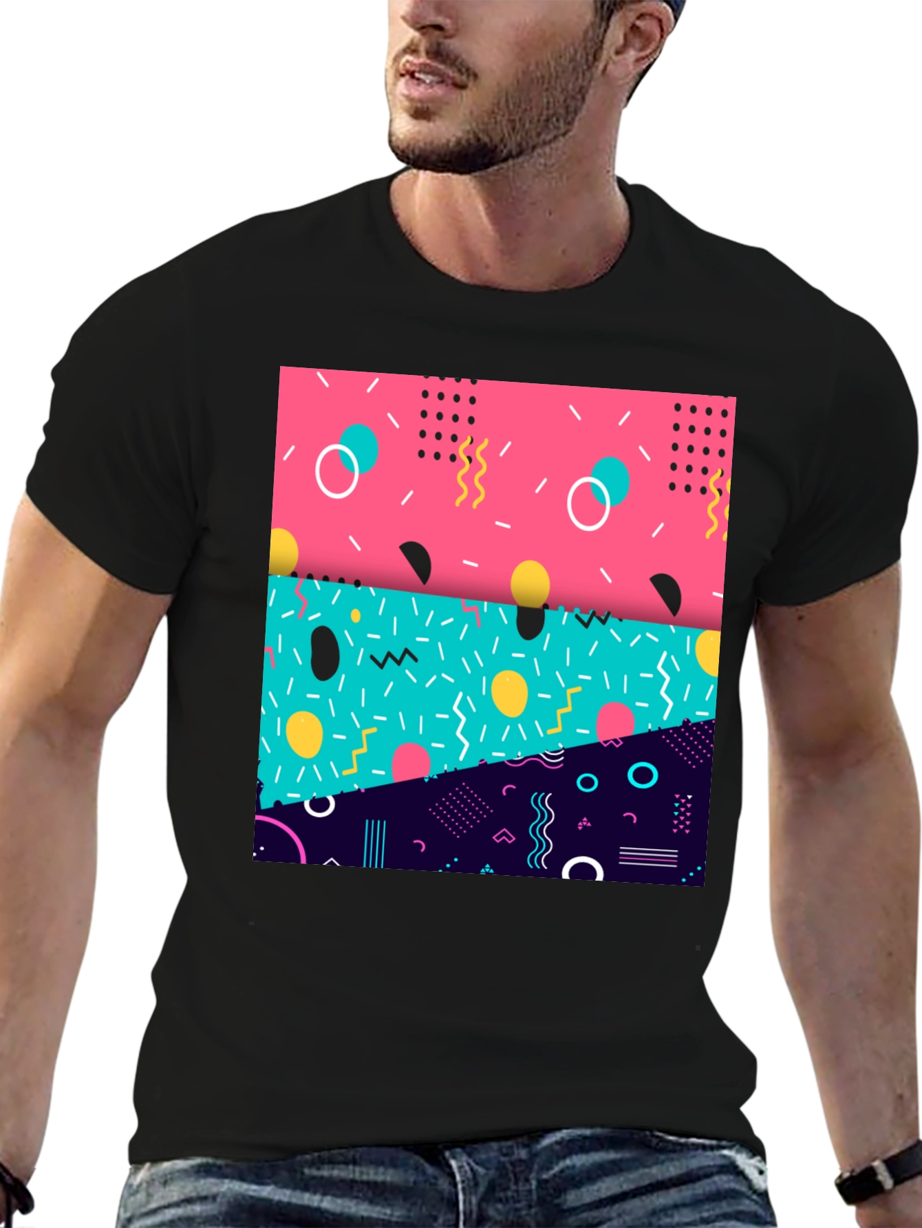 Retro 90s Geometric Pattern Black T-Shirt