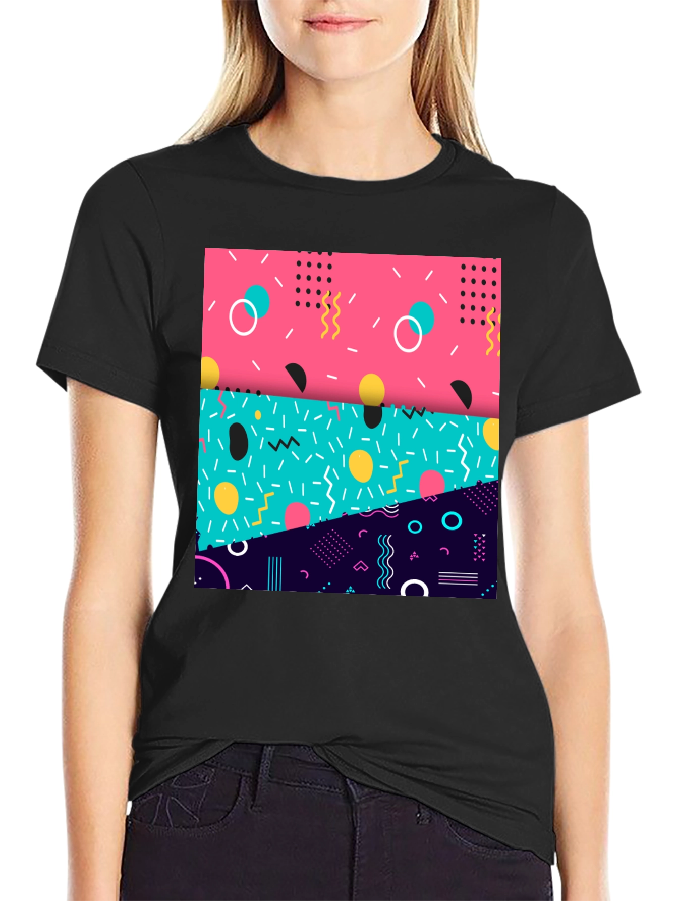 Retro 90s Geometric Pattern Black T-Shirt