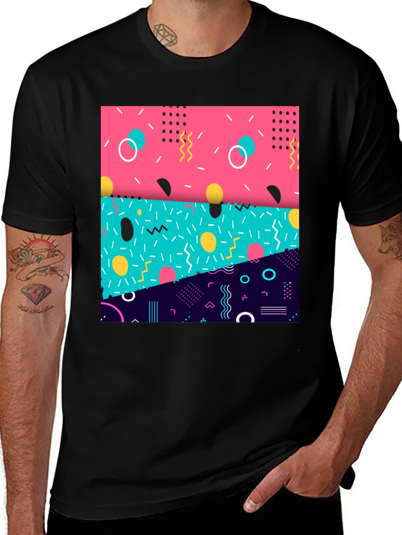 Retro 90s Geometric Pattern Black T-Shirt