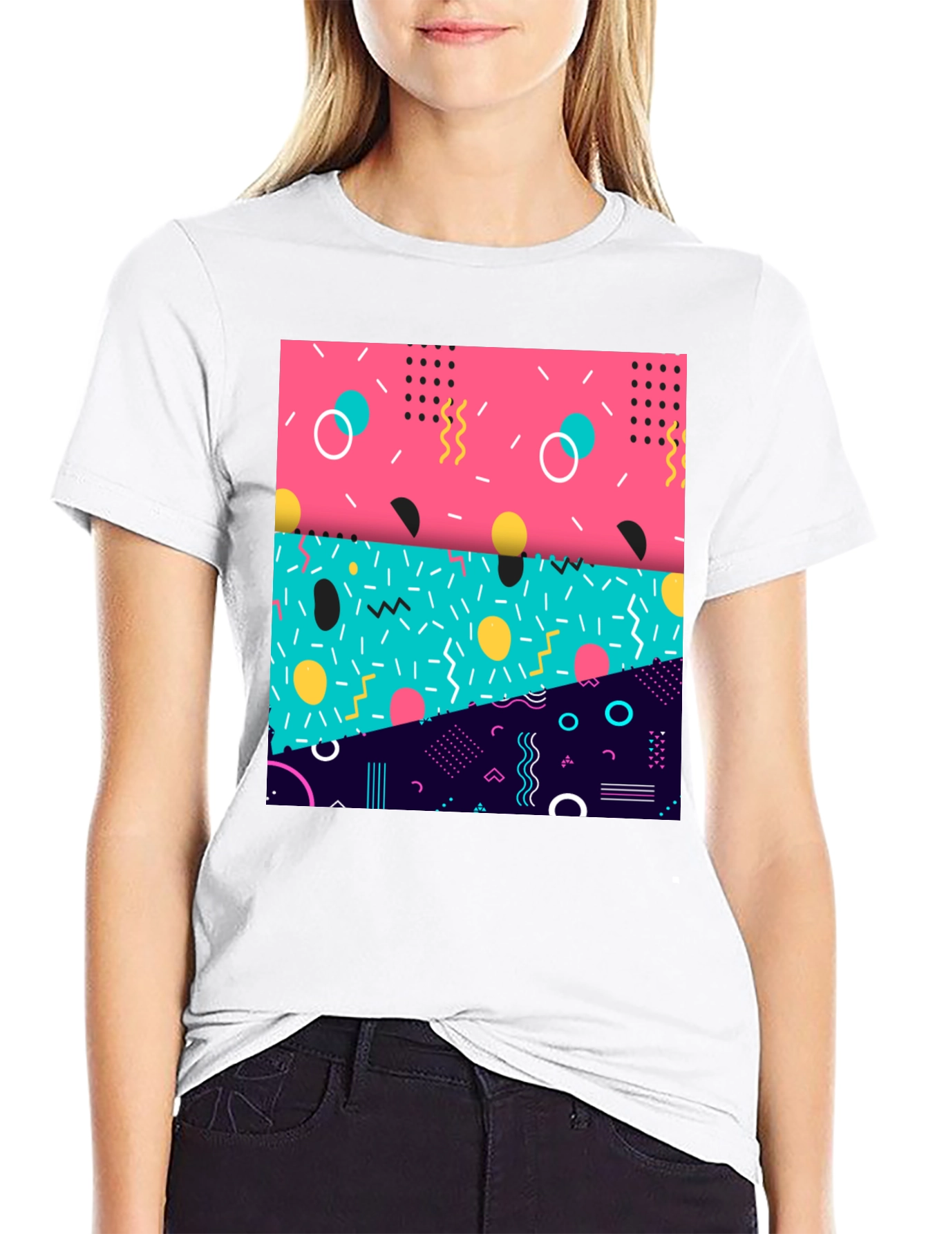 Retro 90s Geometric Pattern Black T-Shirt