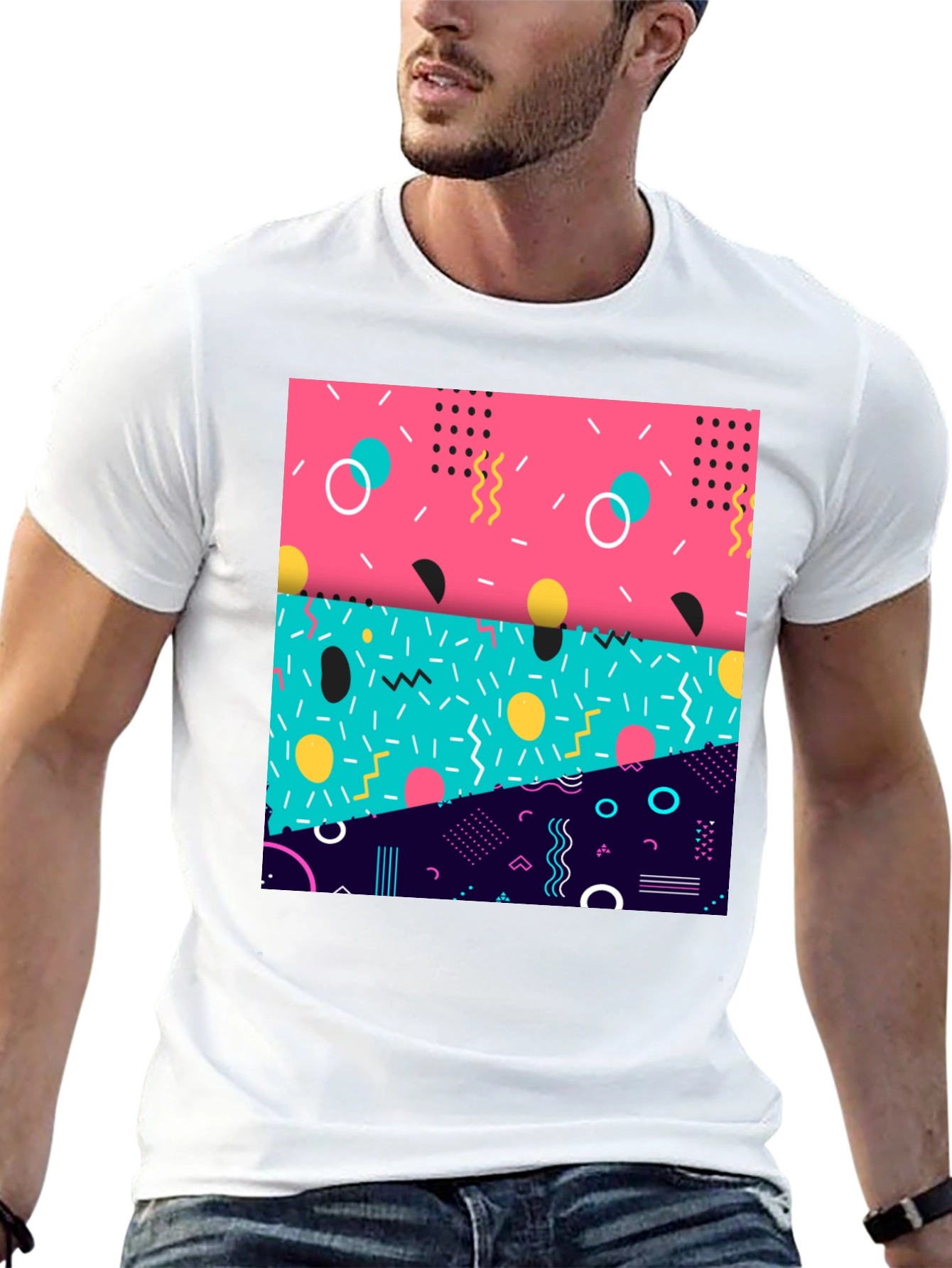 Retro 90s Geometric Pattern Black T-Shirt