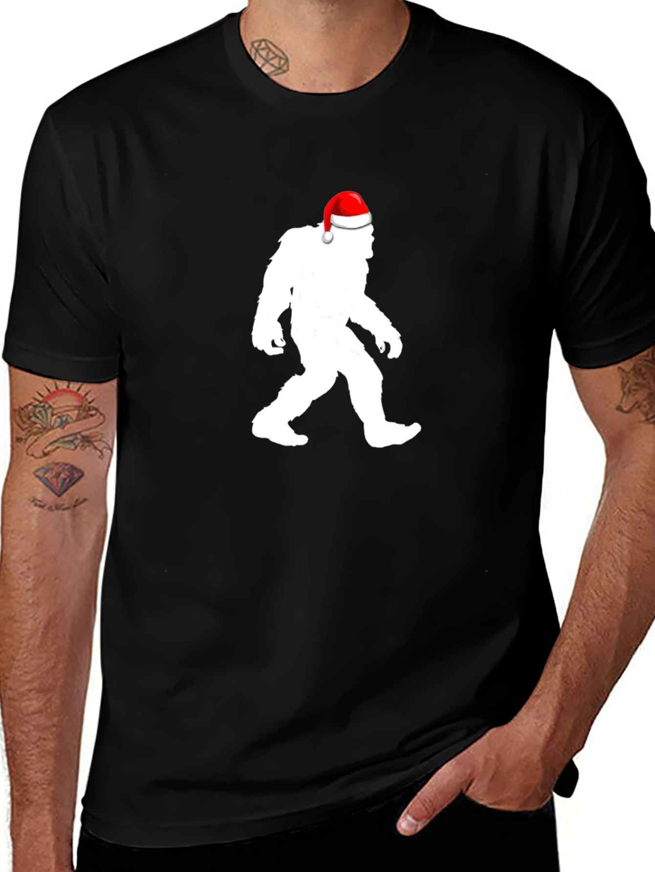 Sasquatch Santa Hat Black T-Shirt