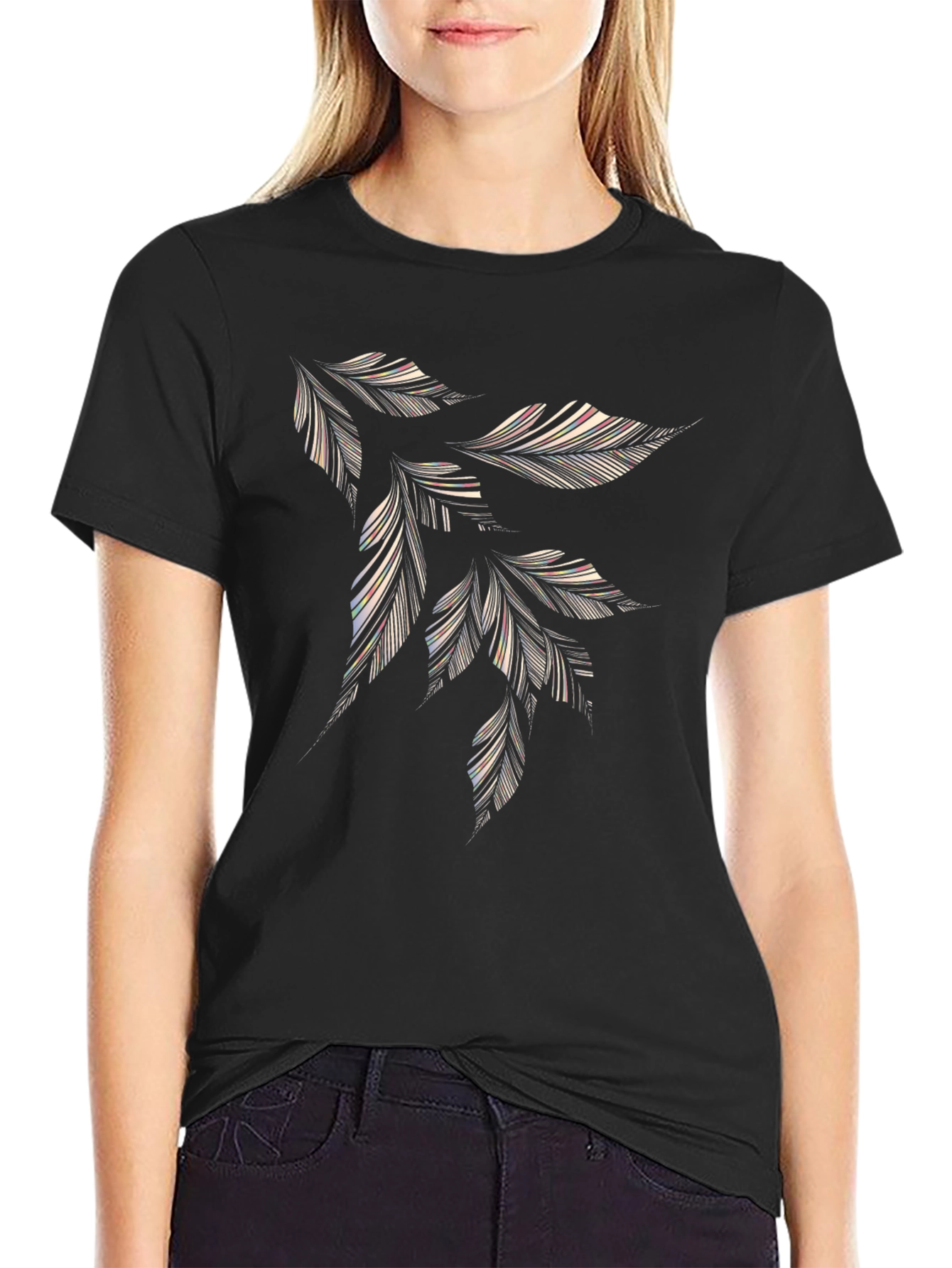 Abstract Feather Design Black T-Shirt