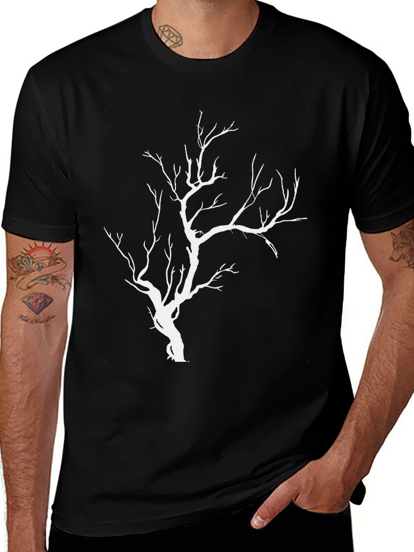 Mens Black T-Shirt with White Tree Graphic