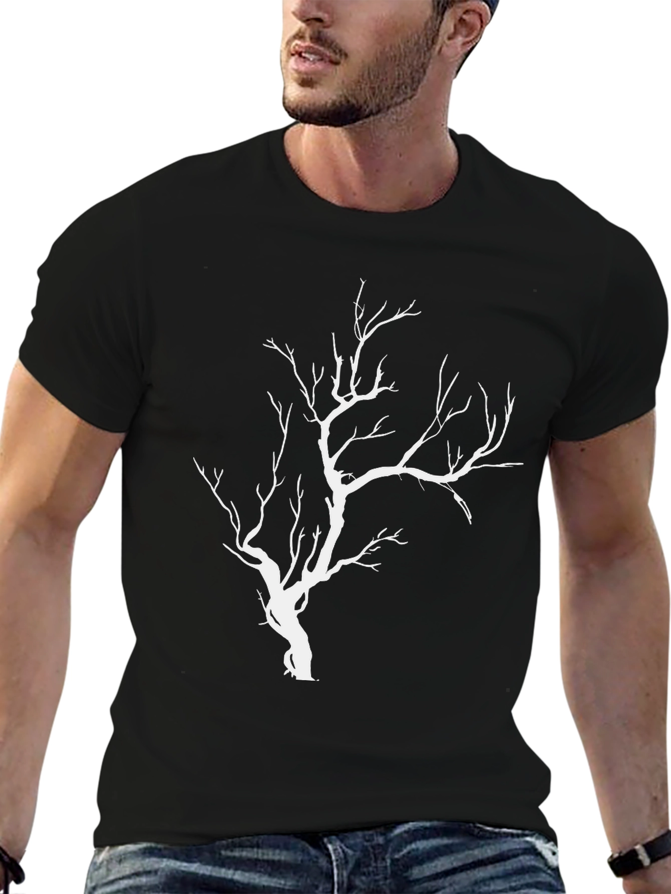 Mens Black T-Shirt with White Tree Graphic