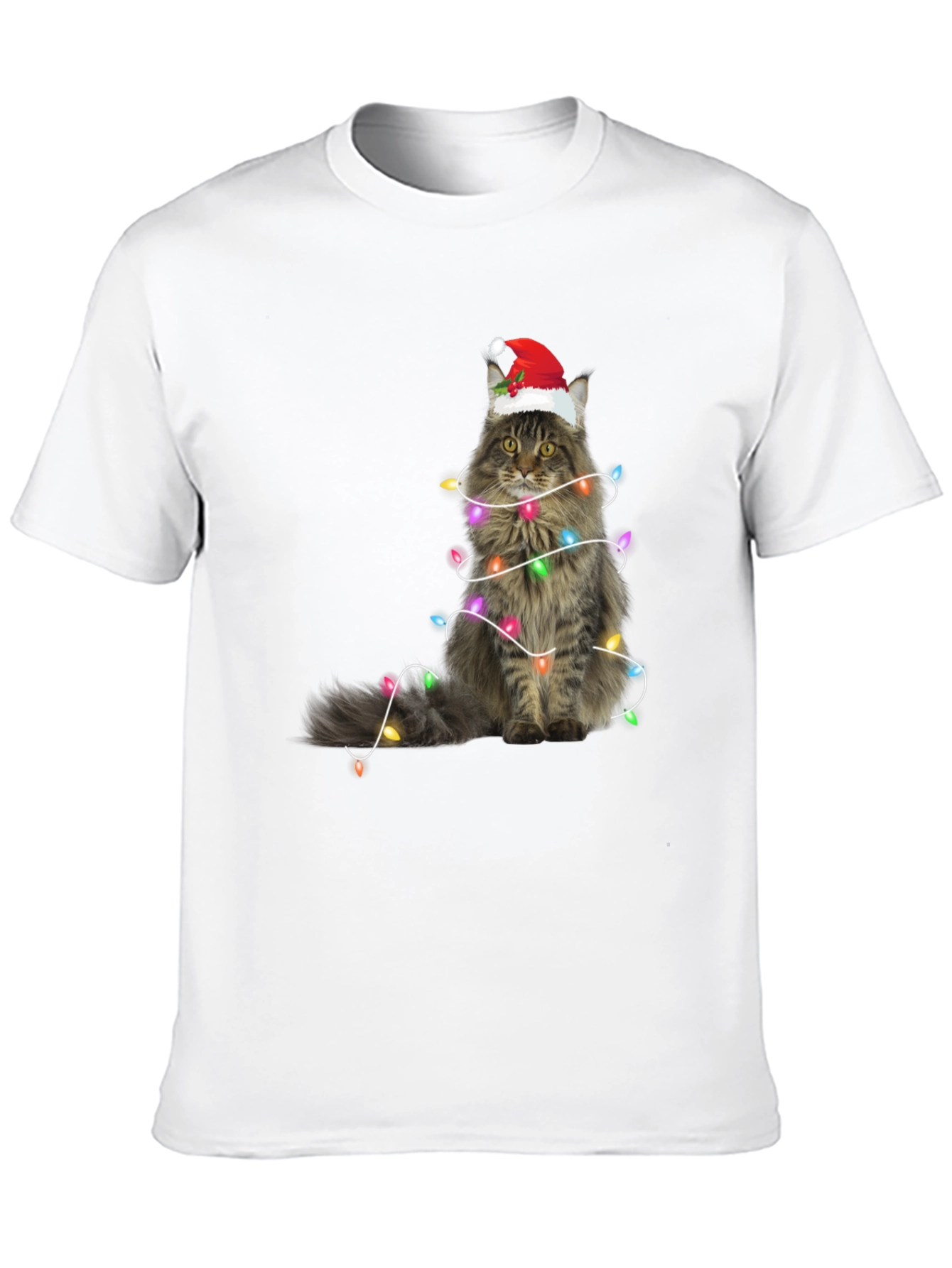 Christmas Cat Tee - Holiday Lights Santa Hat T-Shirt