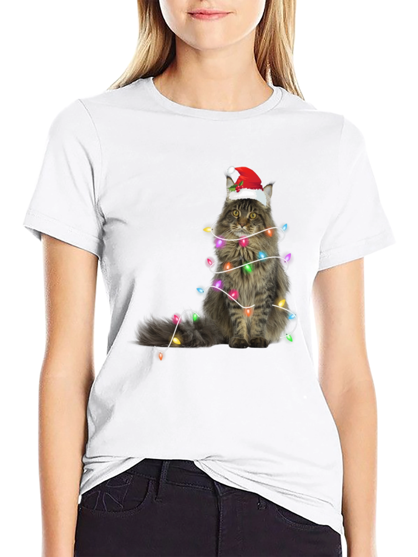 Christmas Cat Tee - Holiday Lights Santa Hat T-Shirt