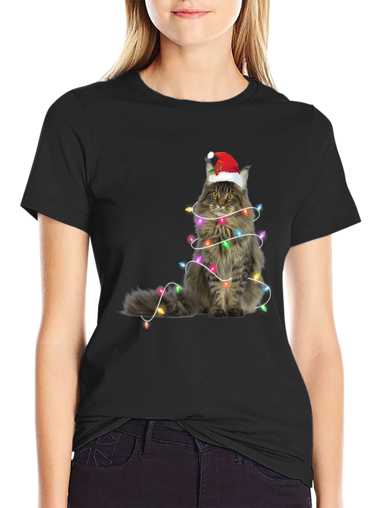 Christmas Cat Tee - Holiday Lights Santa Hat T-Shirt