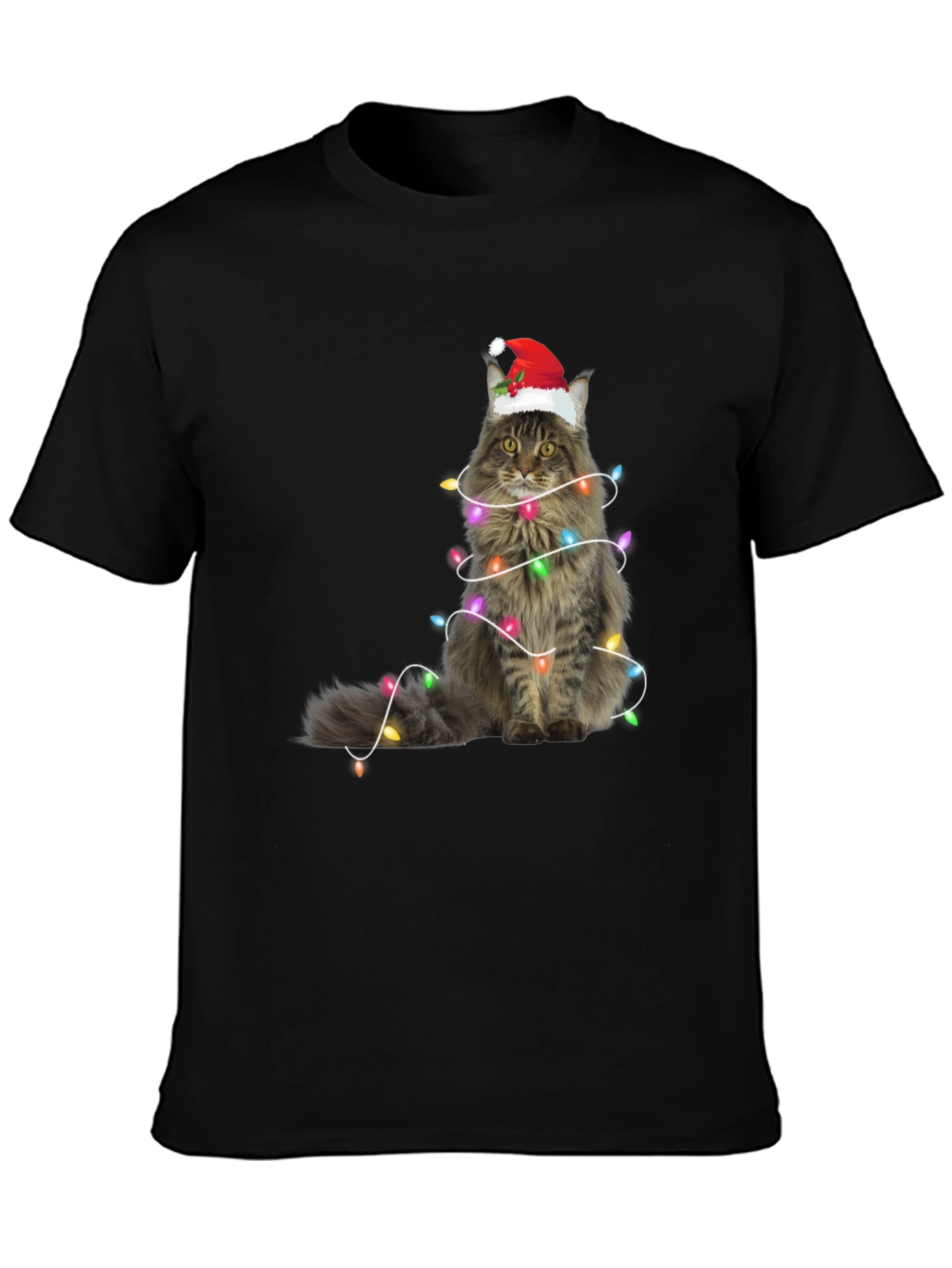 Christmas Cat Tee - Holiday Lights Santa Hat T-Shirt