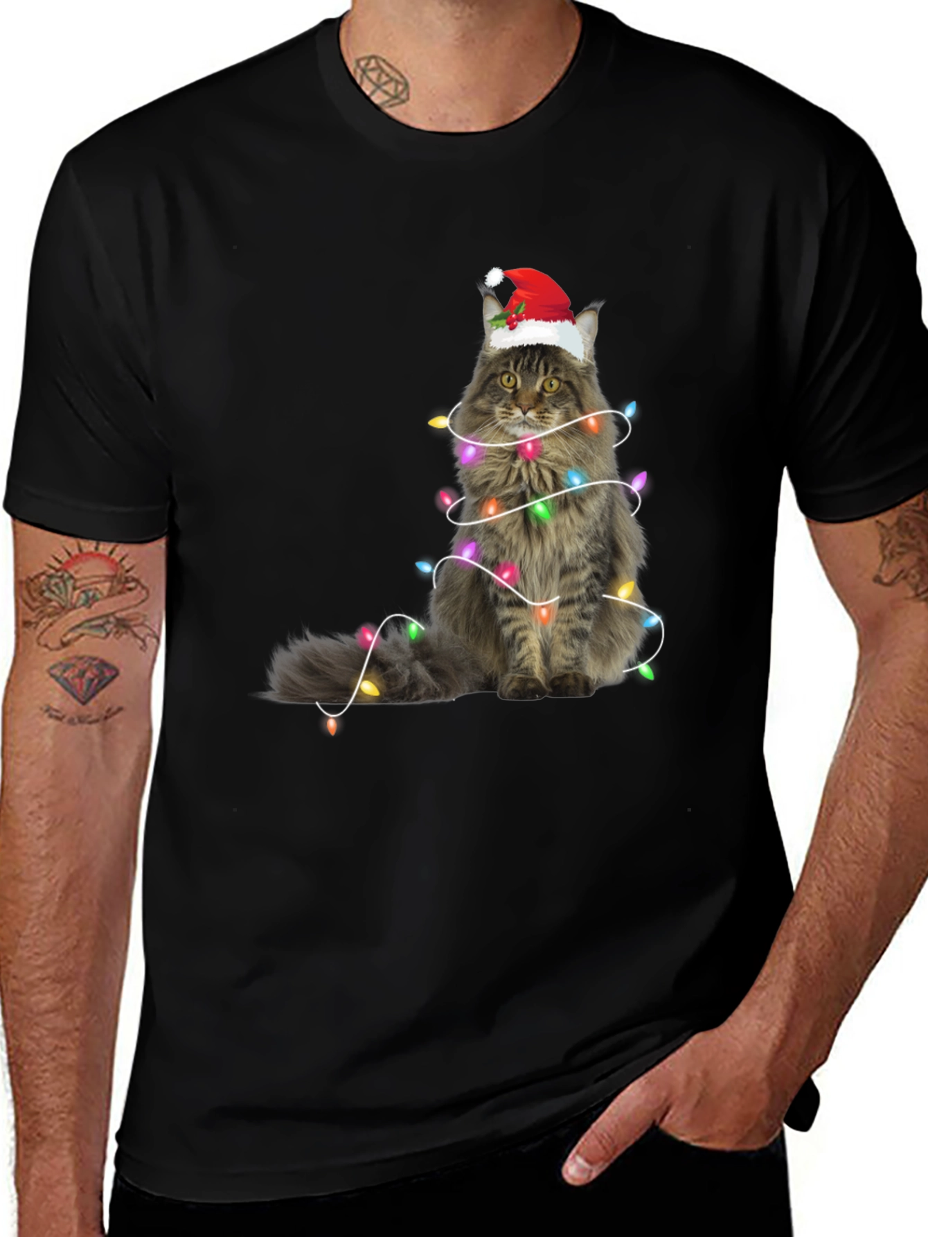 Christmas Cat Tee - Holiday Lights Santa Hat T-Shirt