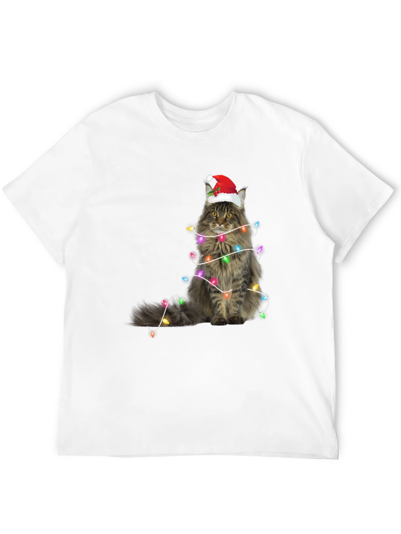 Christmas Cat Tee - Holiday Lights Santa Hat T-Shirt