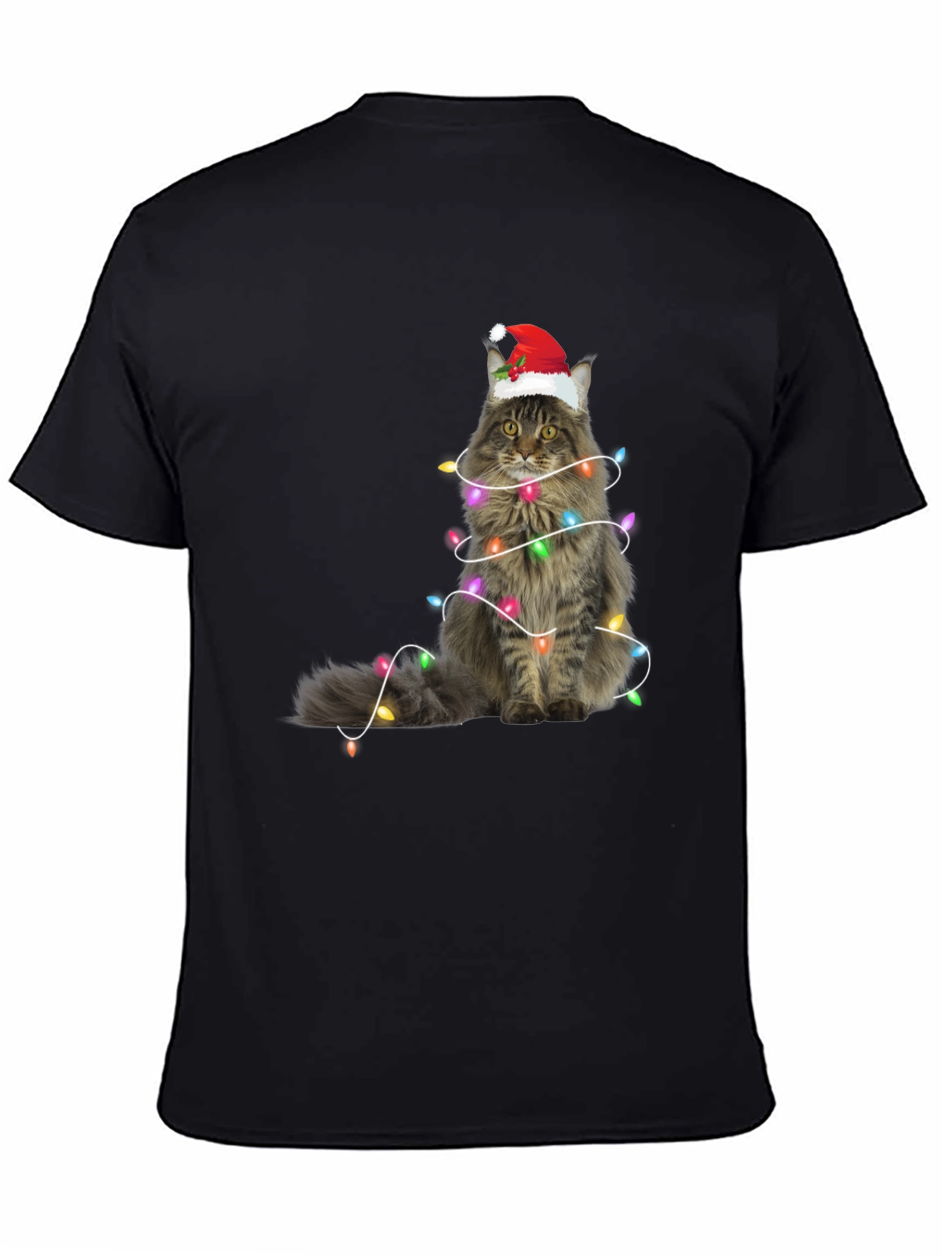 Christmas Cat Tee - Holiday Lights Santa Hat T-Shirt