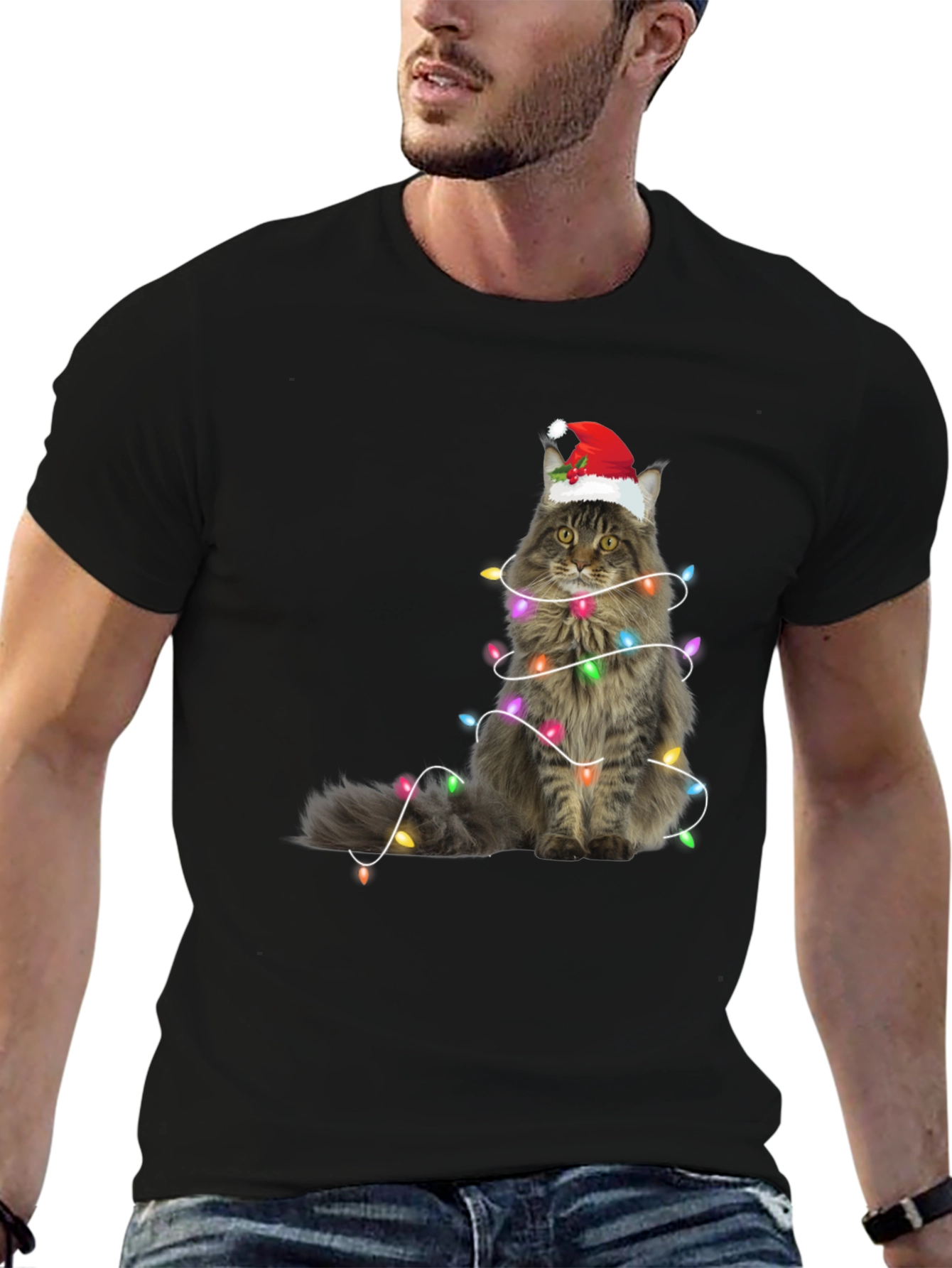 Christmas Cat Tee - Holiday Lights Santa Hat T-Shirt