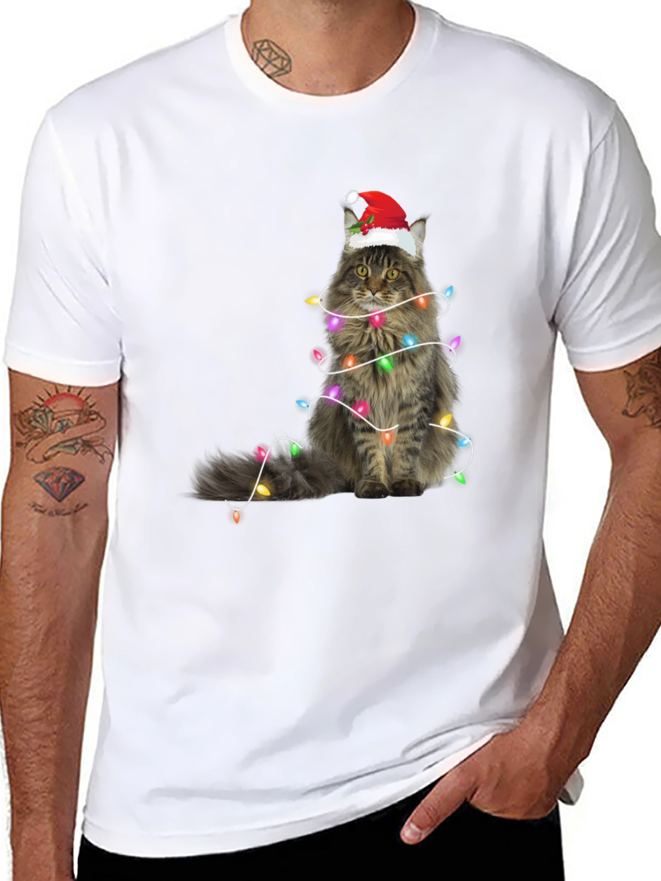 Christmas Cat Tee - Holiday Lights Santa Hat T-Shirt