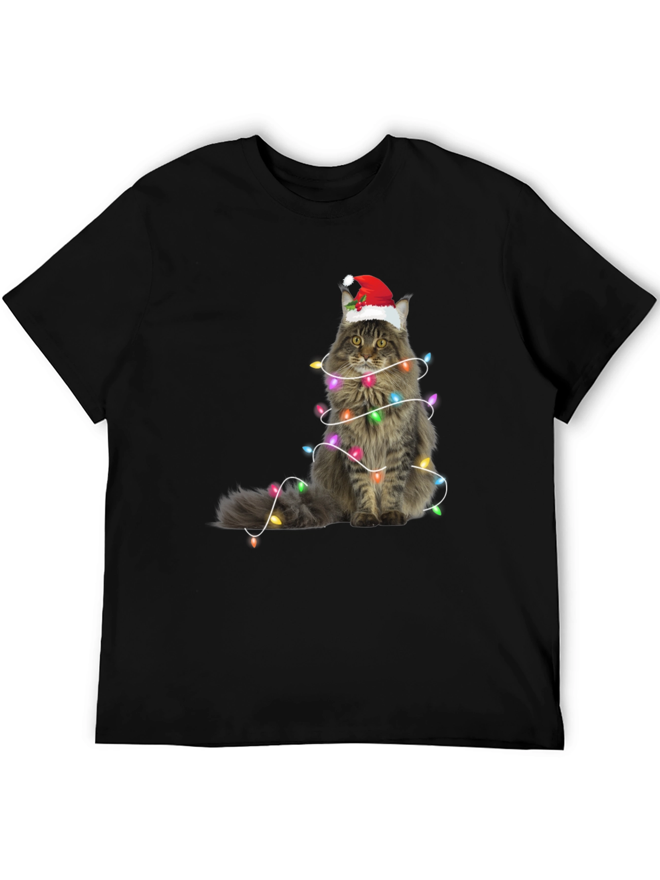 Christmas Cat Tee - Holiday Lights Santa Hat T-Shirt