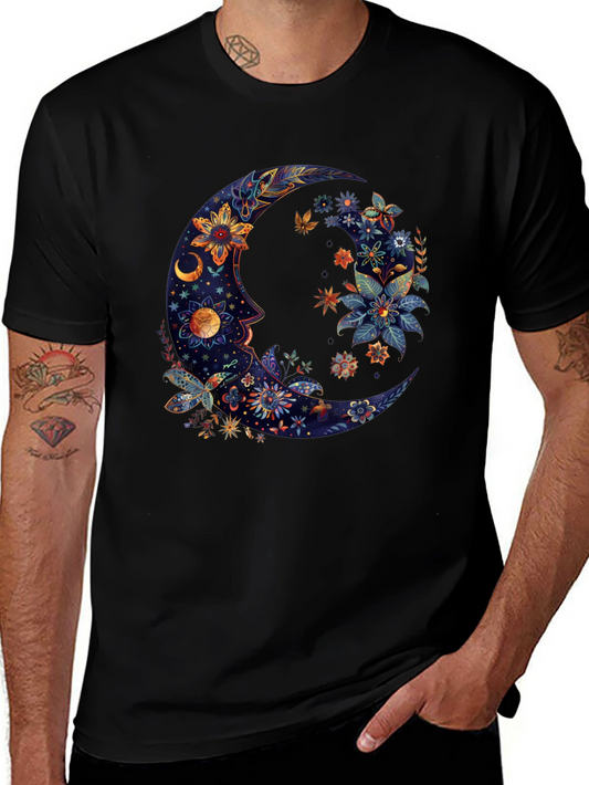 Floral Crescent Moon Graphic Tee - Cosmic Celestial Design