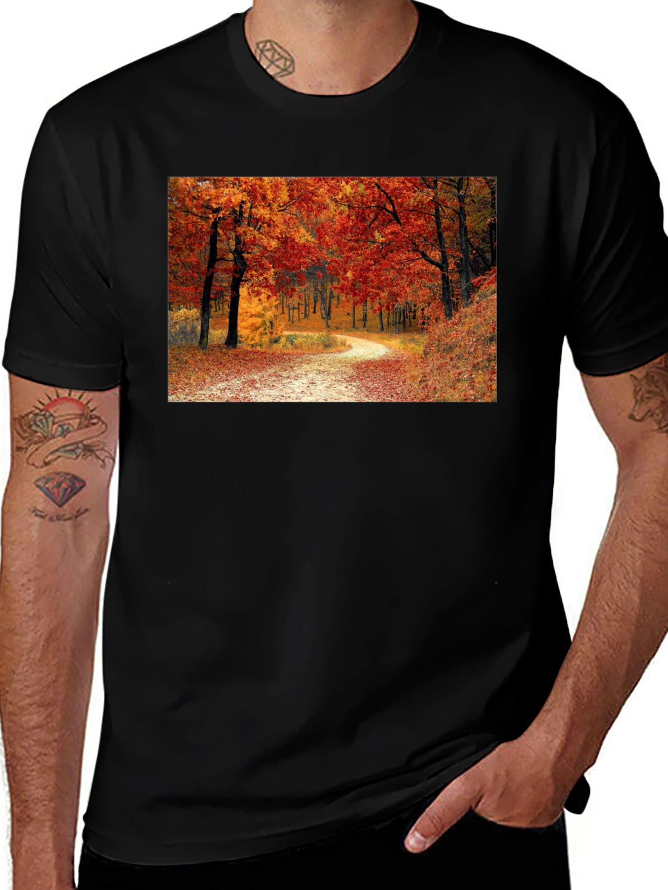 Autumn Forest Path Black T-Shirt