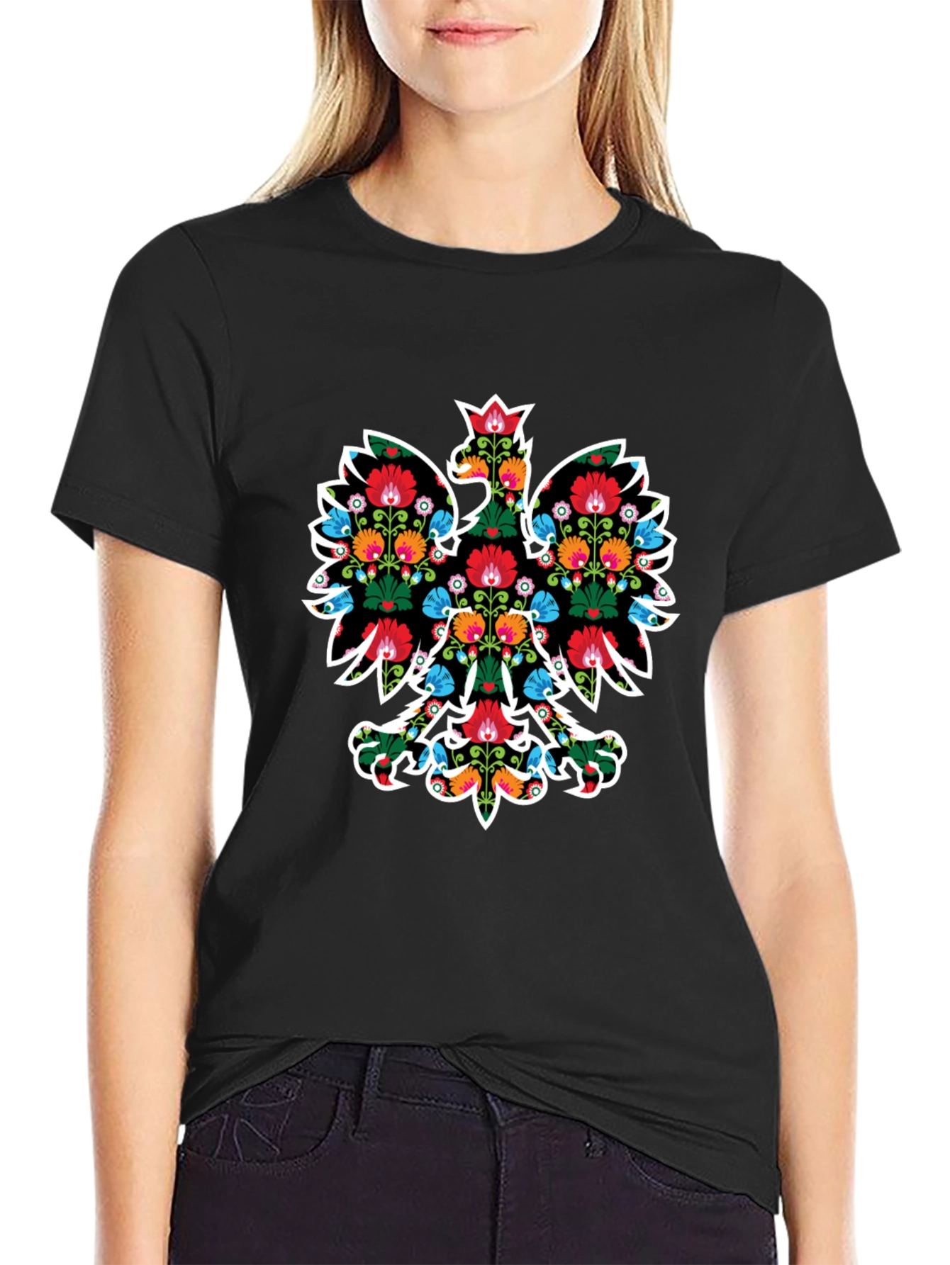 Floral Eagle Graphic Tee - Black Casual T-Shirt