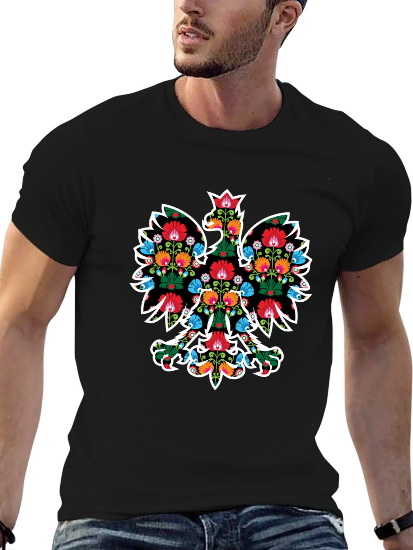 Floral Eagle Graphic Tee - Black Casual T-Shirt