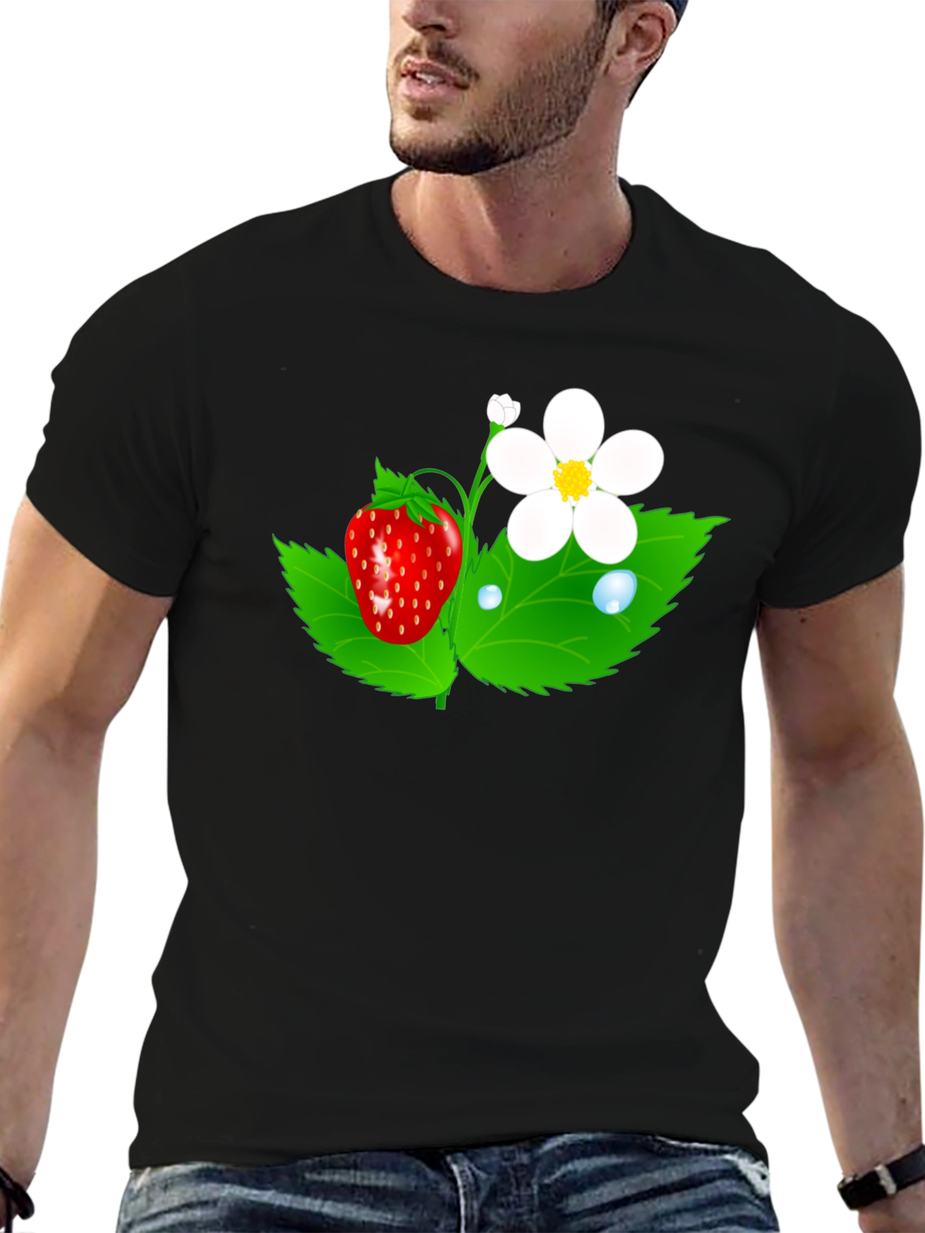 Strawberry Flower Graphic Black T-Shirt