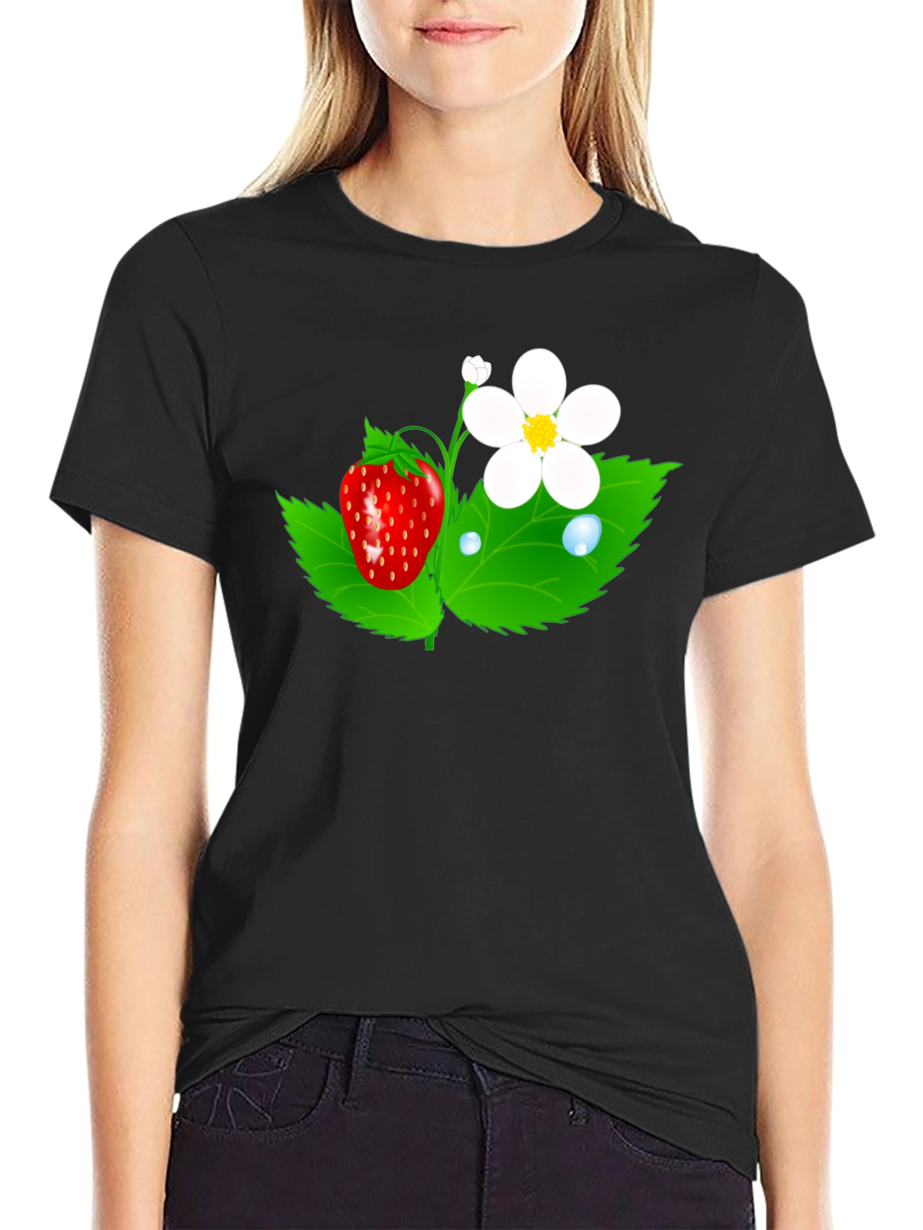 Strawberry Flower Graphic Black T-Shirt