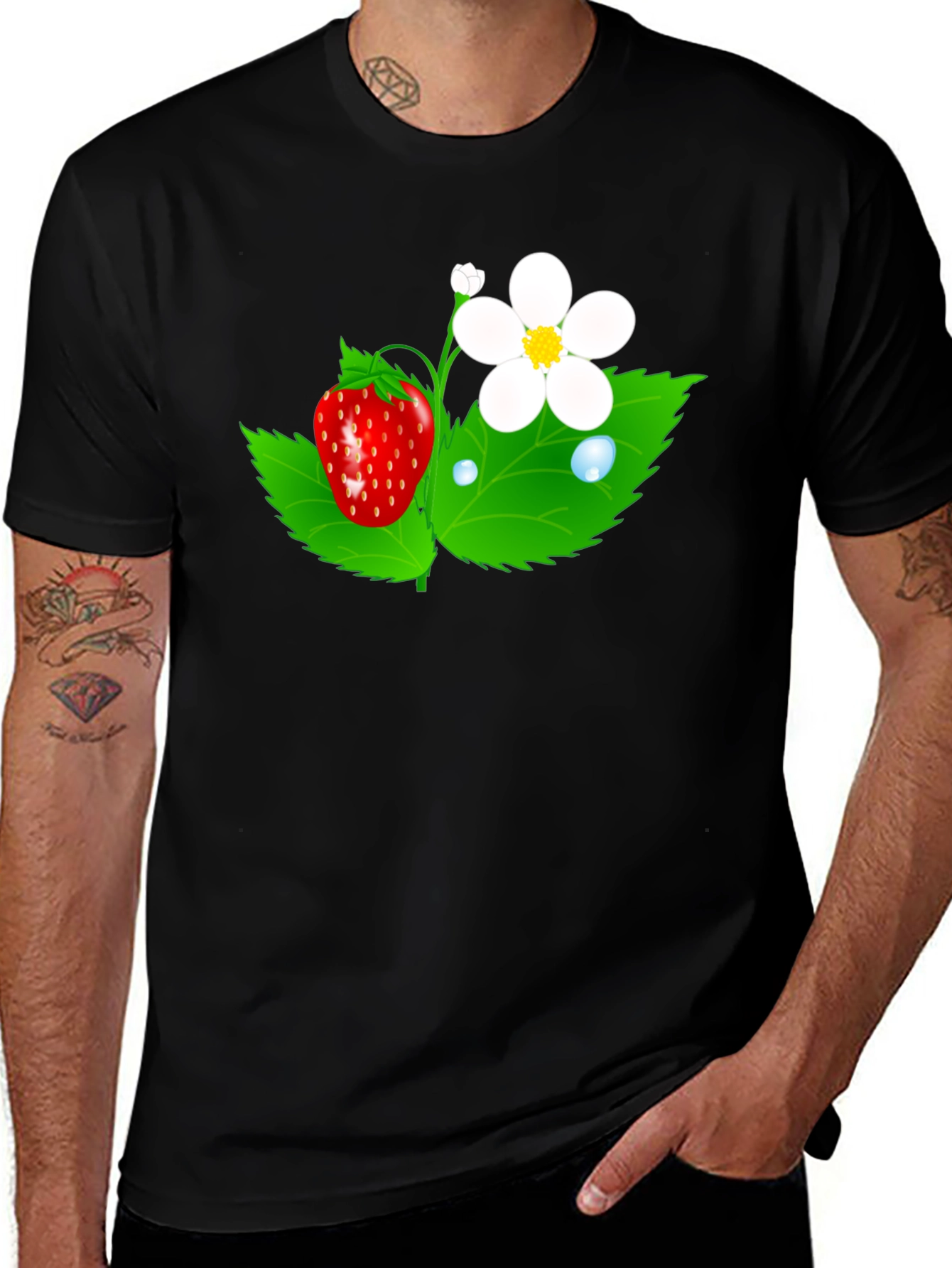 Strawberry Flower Graphic Black T-Shirt