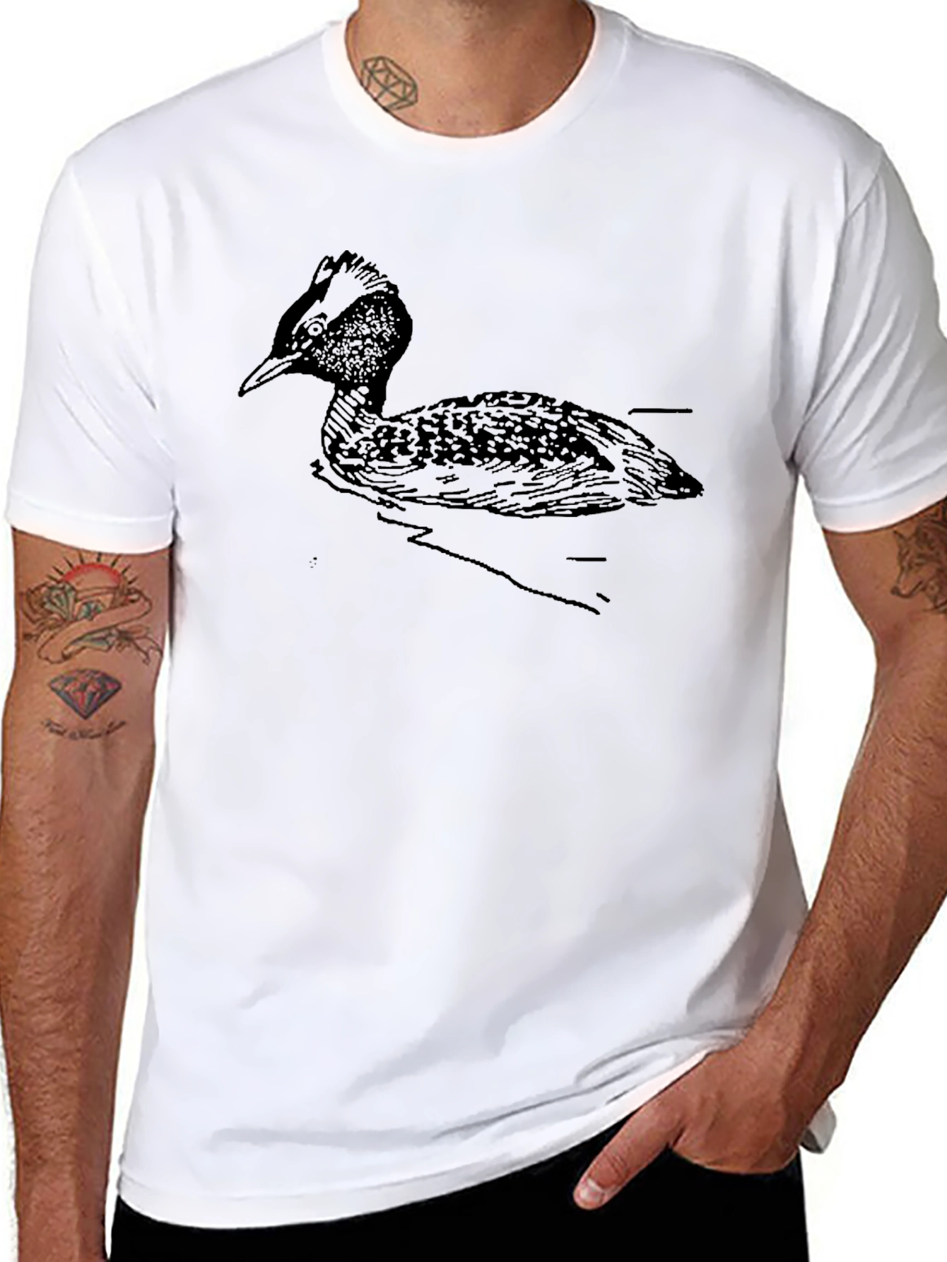Black T-Shirt with Grebe Bird Illustration