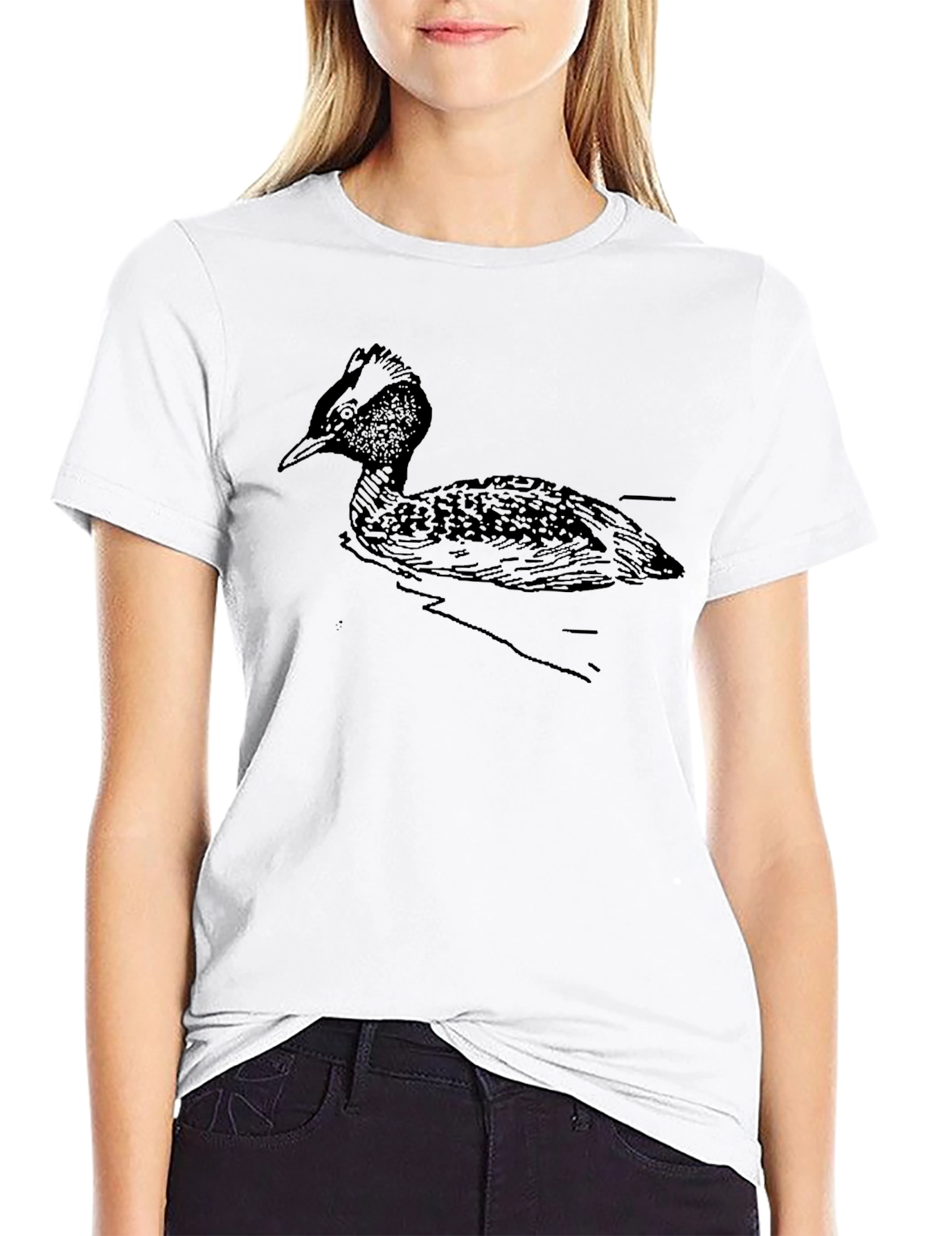 Black T-Shirt with Grebe Bird Illustration