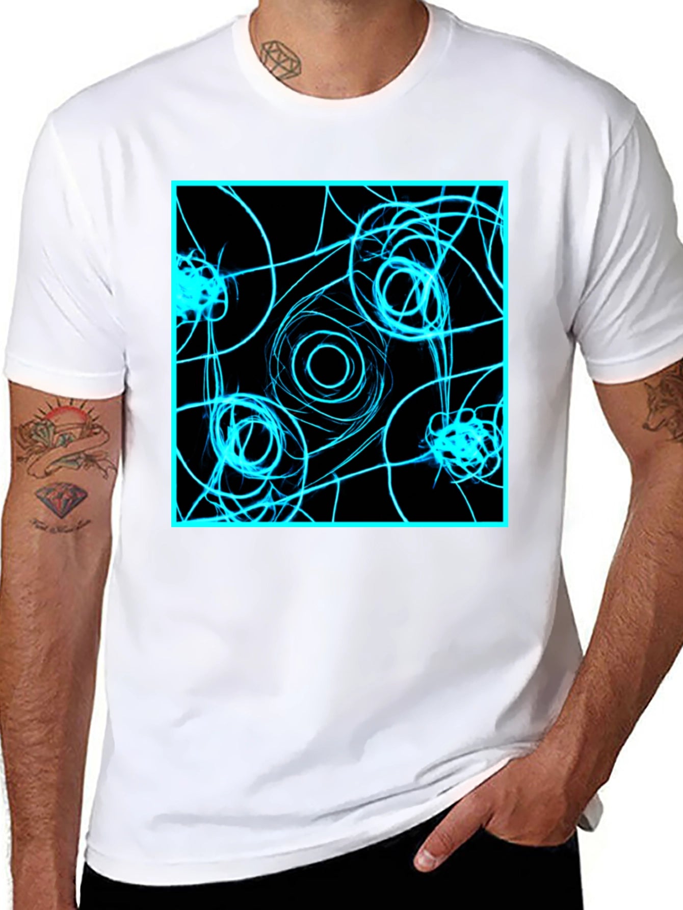 Abstract Geometric T-Shirt: Electric Blue on Black