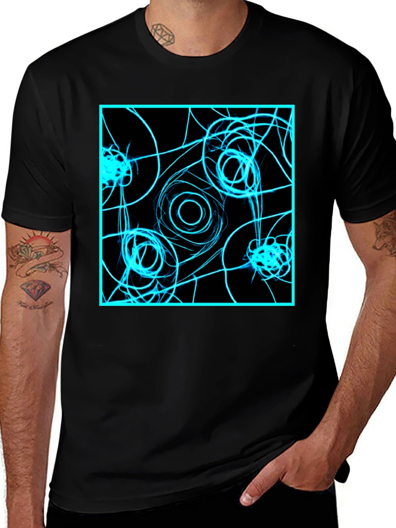 Abstract Geometric T-Shirt: Electric Blue on Black