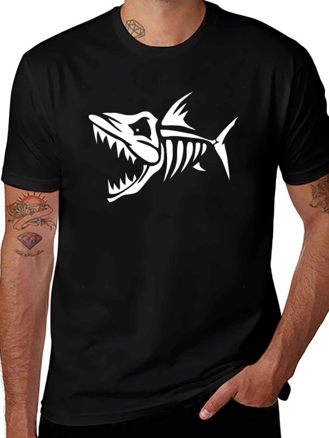 Black Tee with Fish Skeleton Print