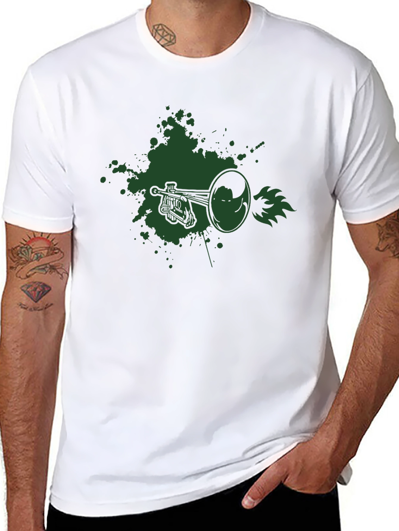 Graphic Tee - Trumpet Design Black Cotton T-Shirt